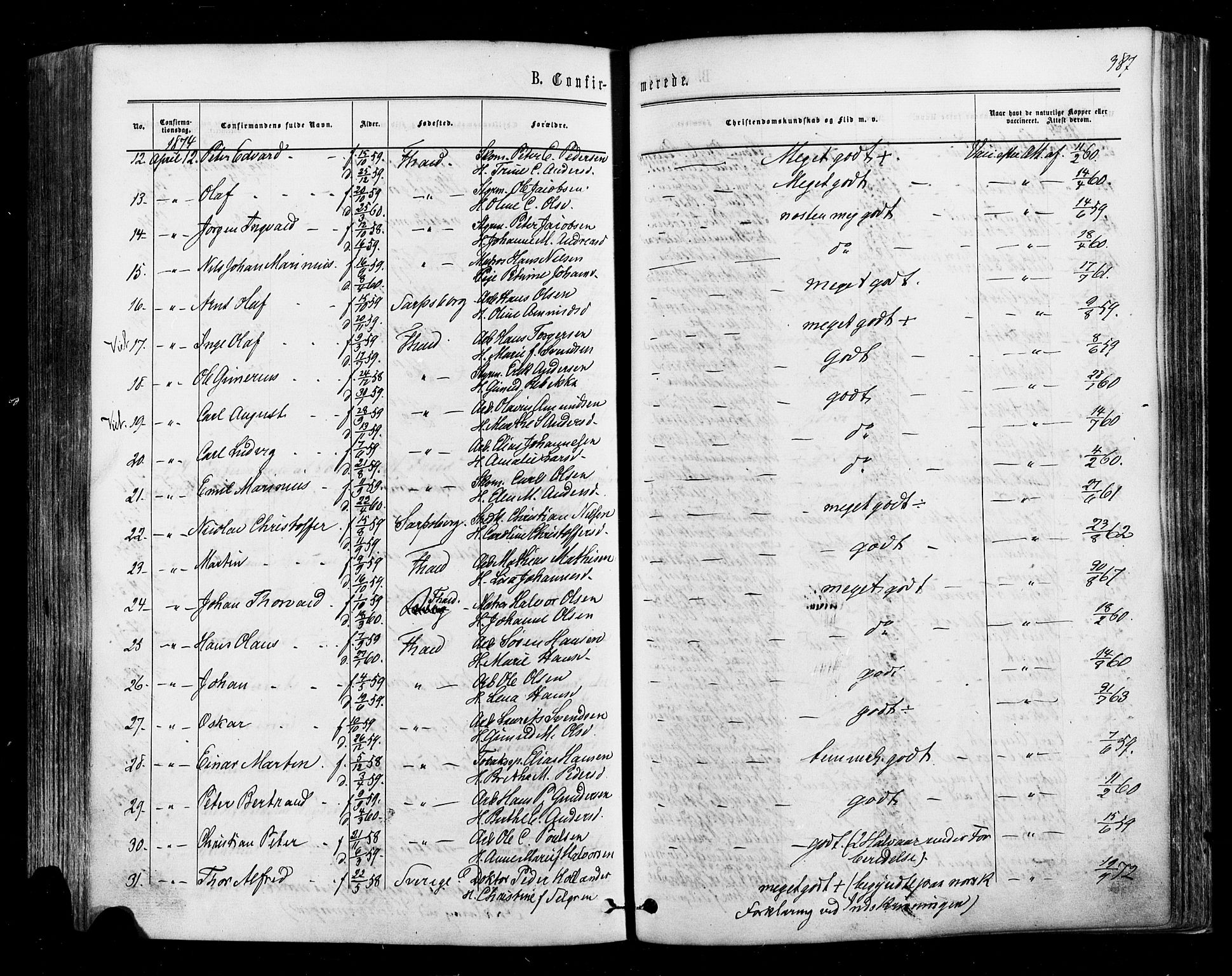 Halden prestekontor Kirkebøker, AV/SAO-A-10909/F/Fa/L0009: Parish register (official) no. I 9, 1866-1877, p. 387