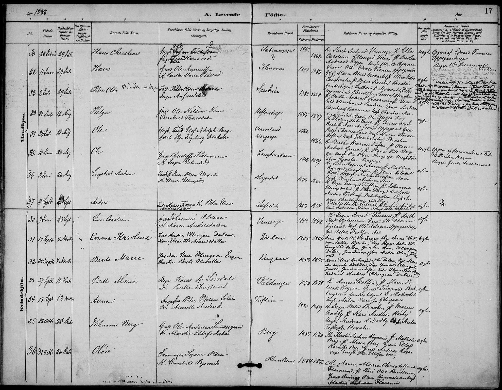 Lunder kirkebøker, AV/SAKO-A-629/F/Fa/L0001: Parish register (official) no. I 1, 1885-1912, p. 17