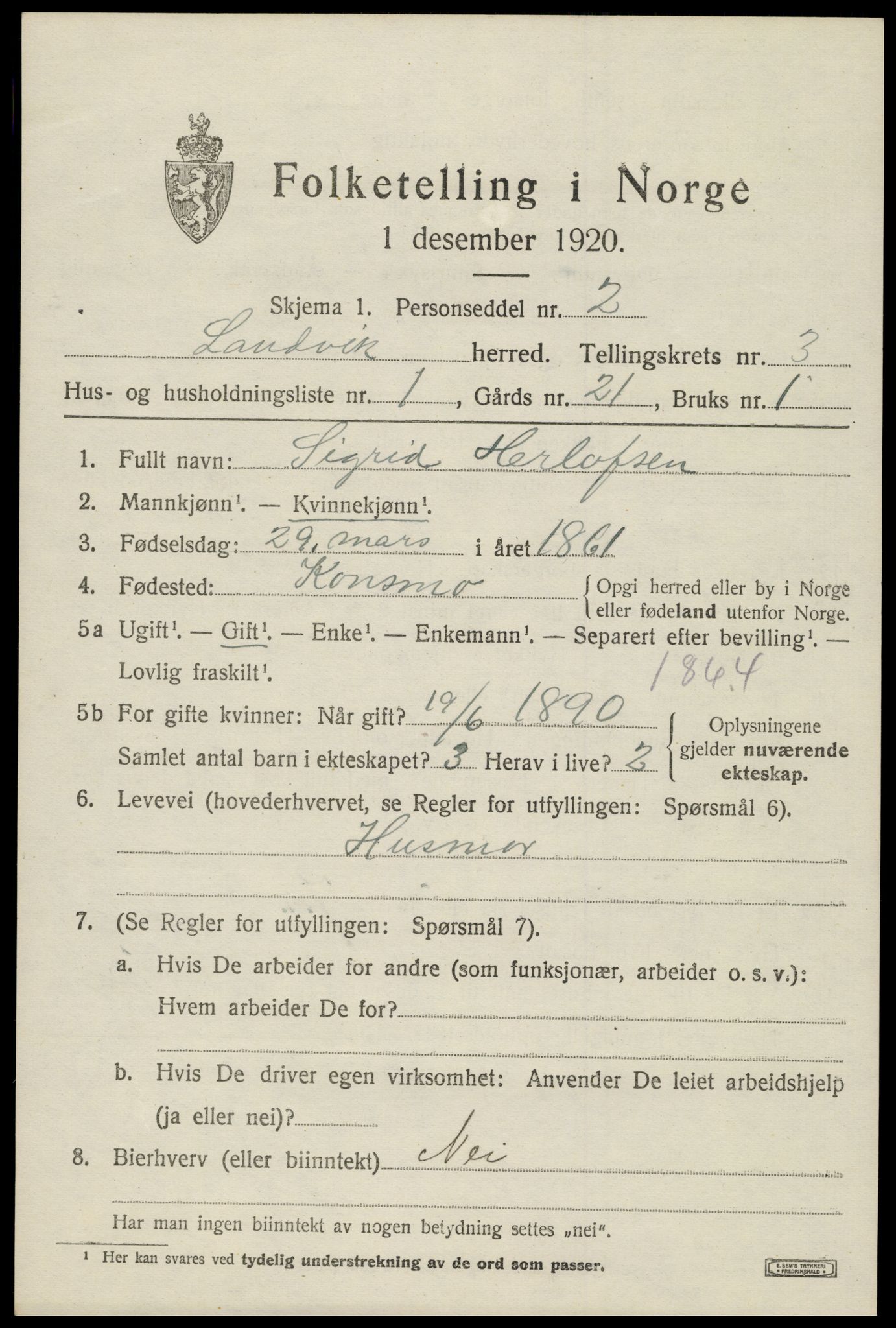 SAK, 1920 census for Landvik, 1920, p. 2956