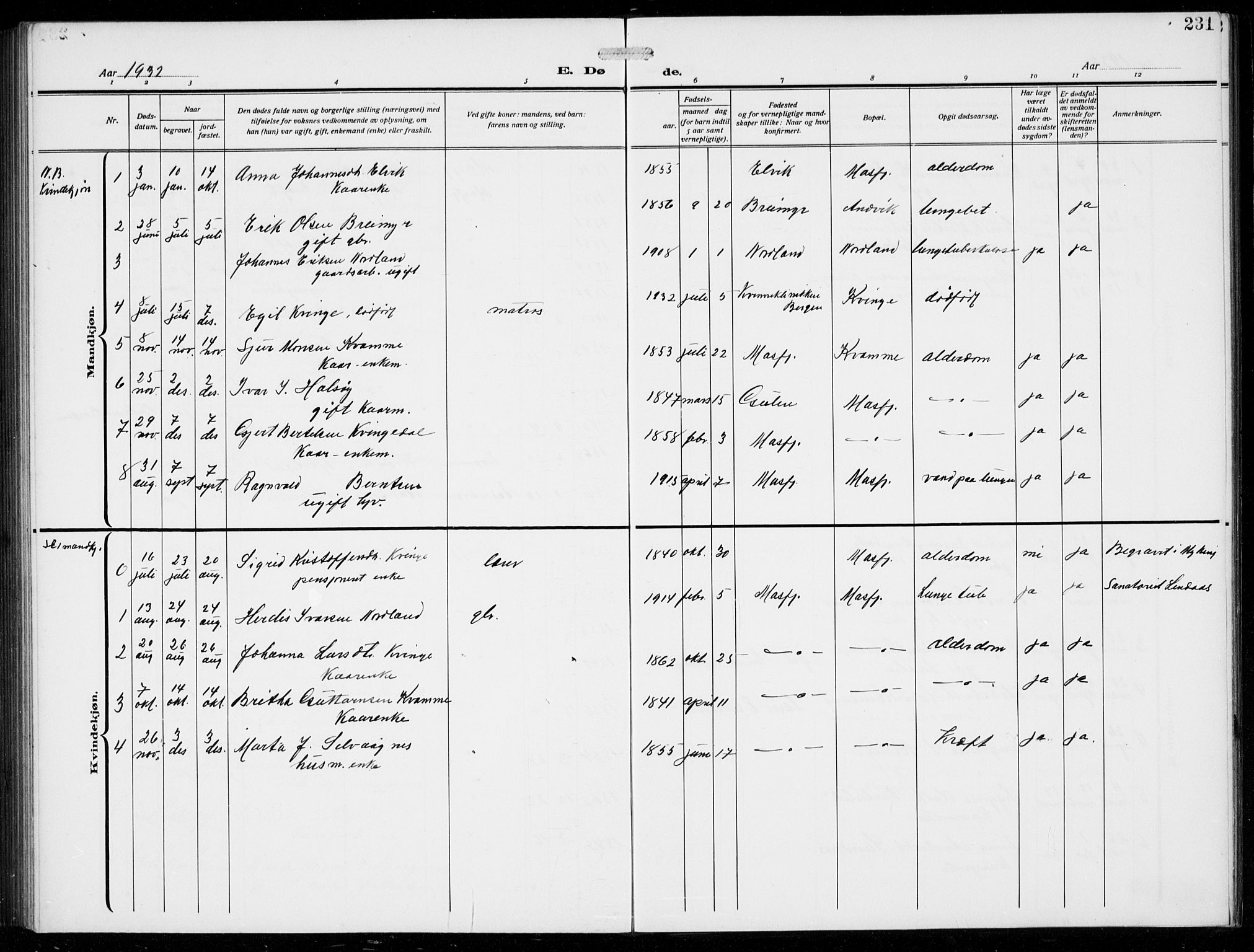 Masfjorden Sokneprestembete, AV/SAB-A-77001: Parish register (copy) no. B  2, 1912-1939, p. 231