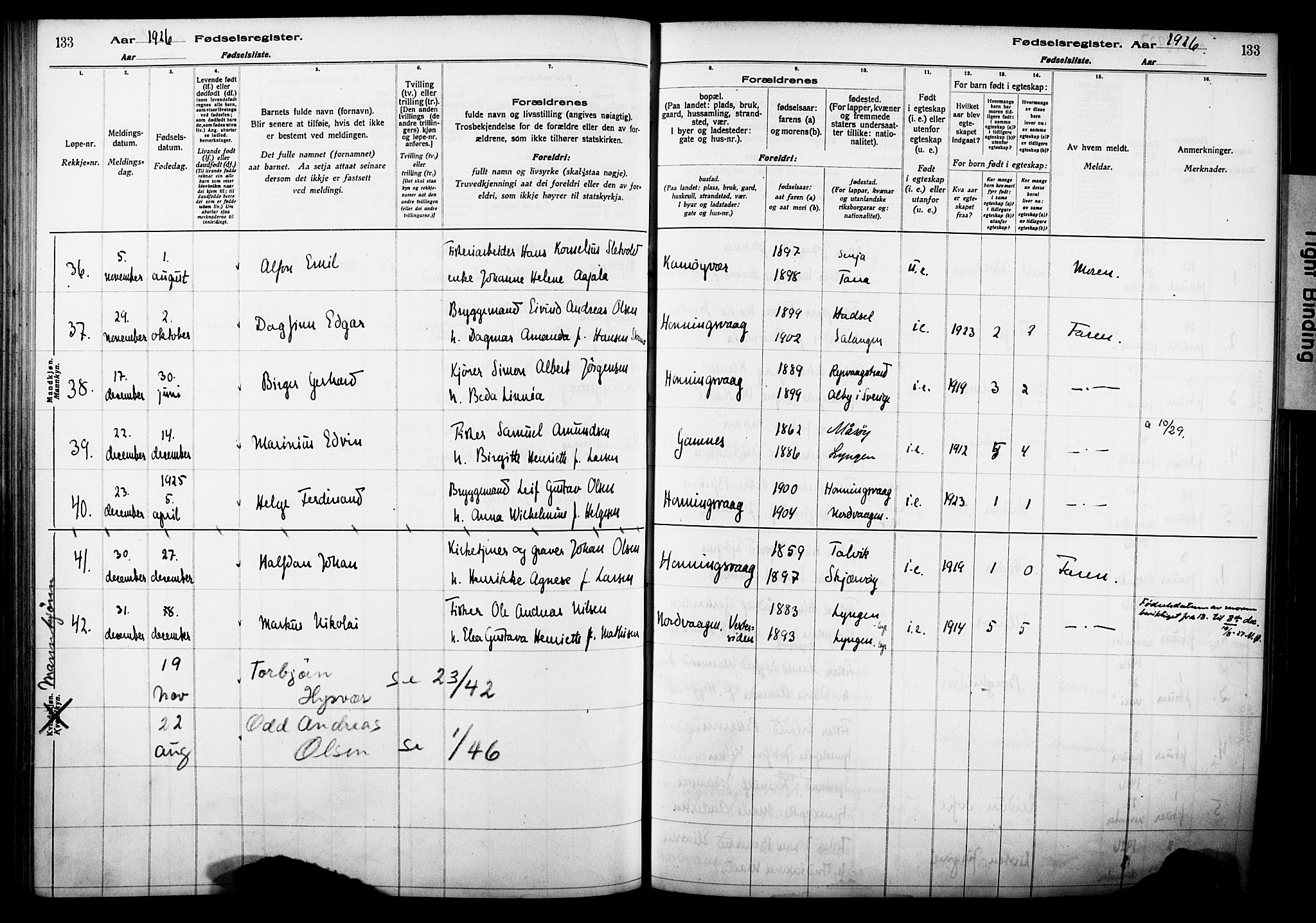 Kjelvik/Nordkapp sokneprestkontor, AV/SATØ-S-1350/I/Ia/L0015: Birth register no. 15, 1916-1930, p. 133