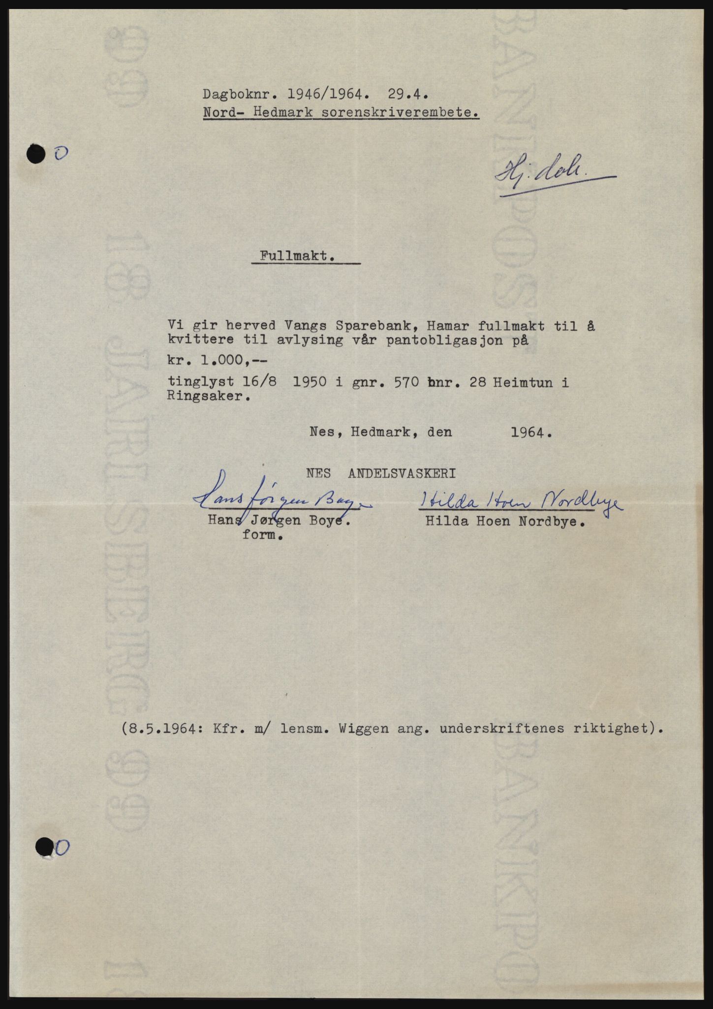 Nord-Hedmark sorenskriveri, SAH/TING-012/H/Hc/L0019: Mortgage book no. 19, 1963-1964, Diary no: : 1946/1964