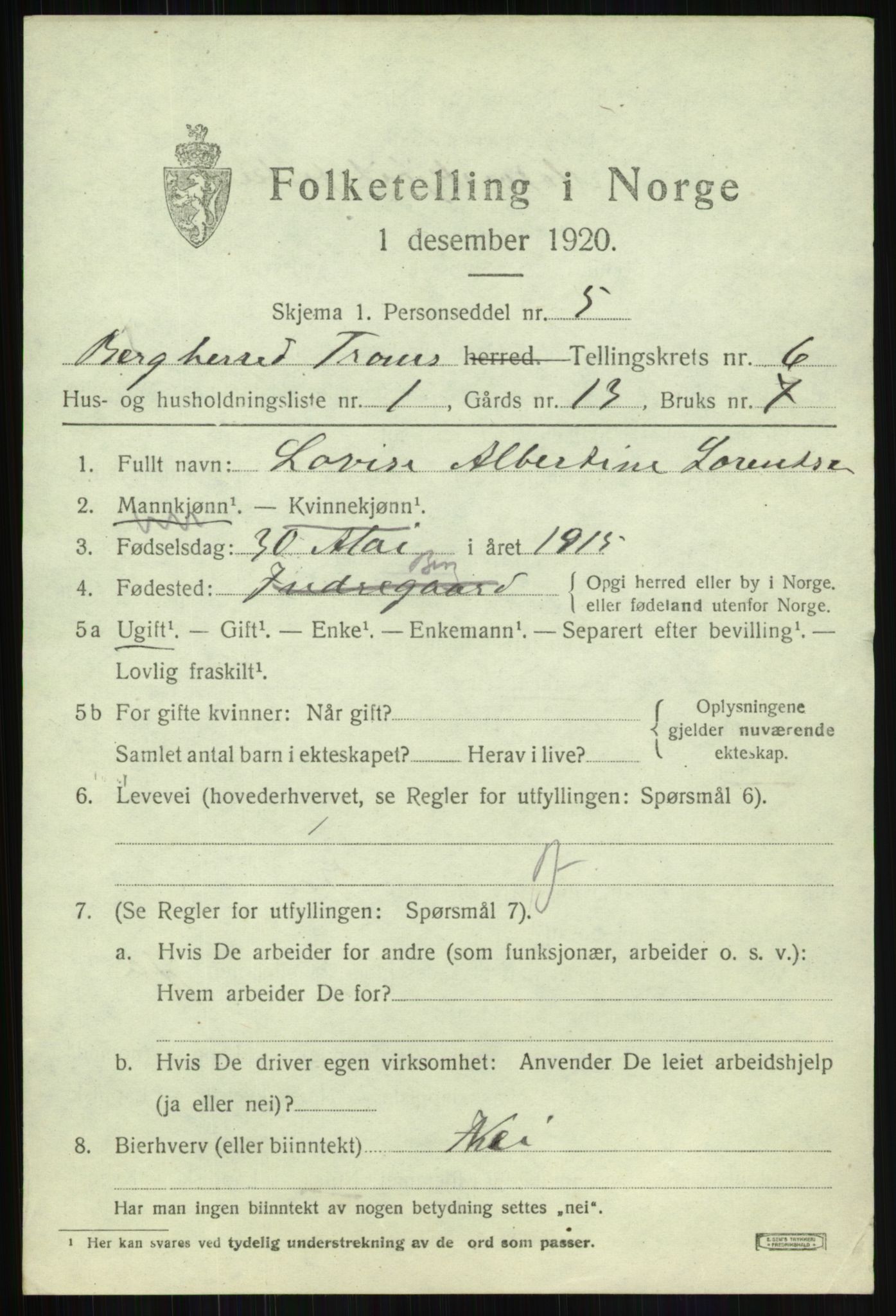 SATØ, 1920 census for Berg, 1920, p. 2061