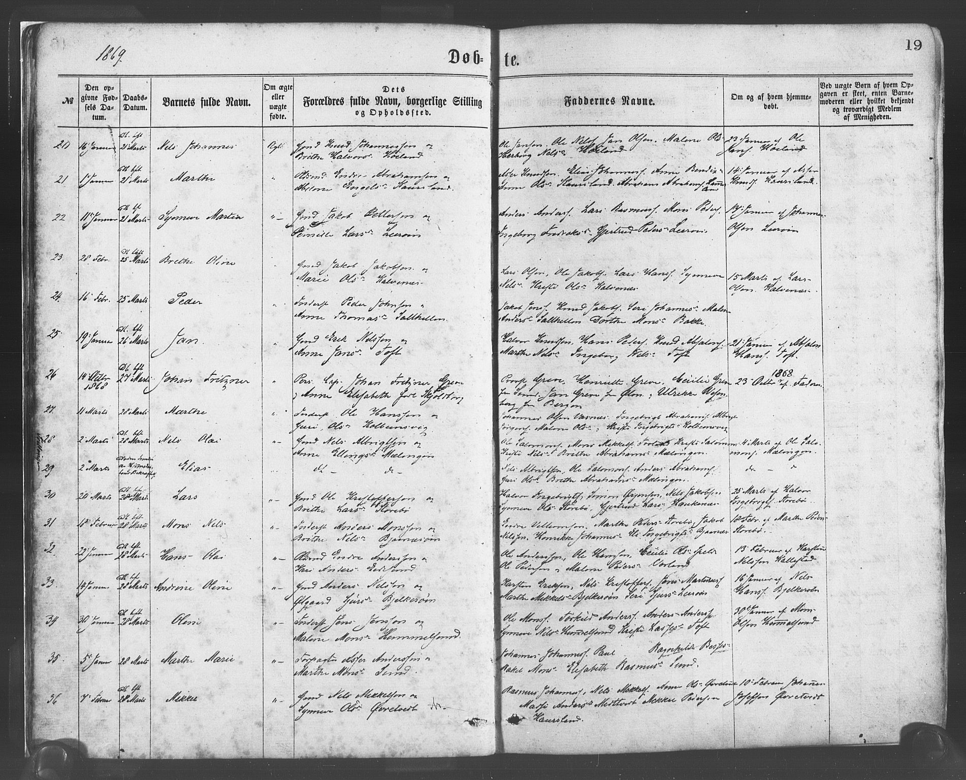 Sund sokneprestembete, AV/SAB-A-99930: Parish register (official) no. A 15, 1867-1881, p. 19