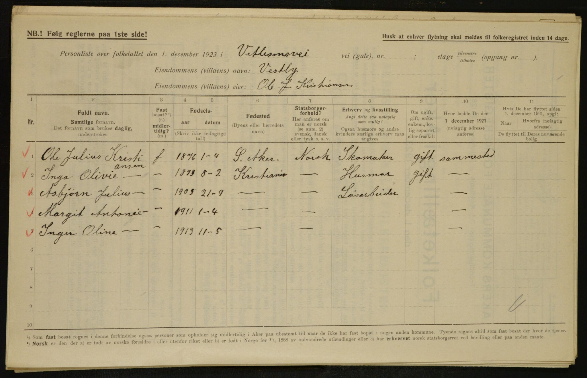 , Municipal Census 1923 for Aker, 1923, p. 29933