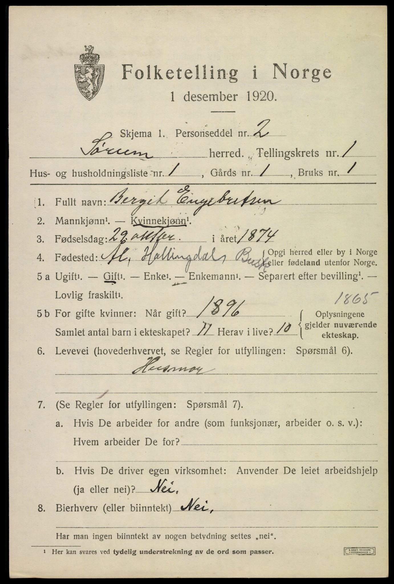 SAO, 1920 census for Sørum, 1920, p. 1125