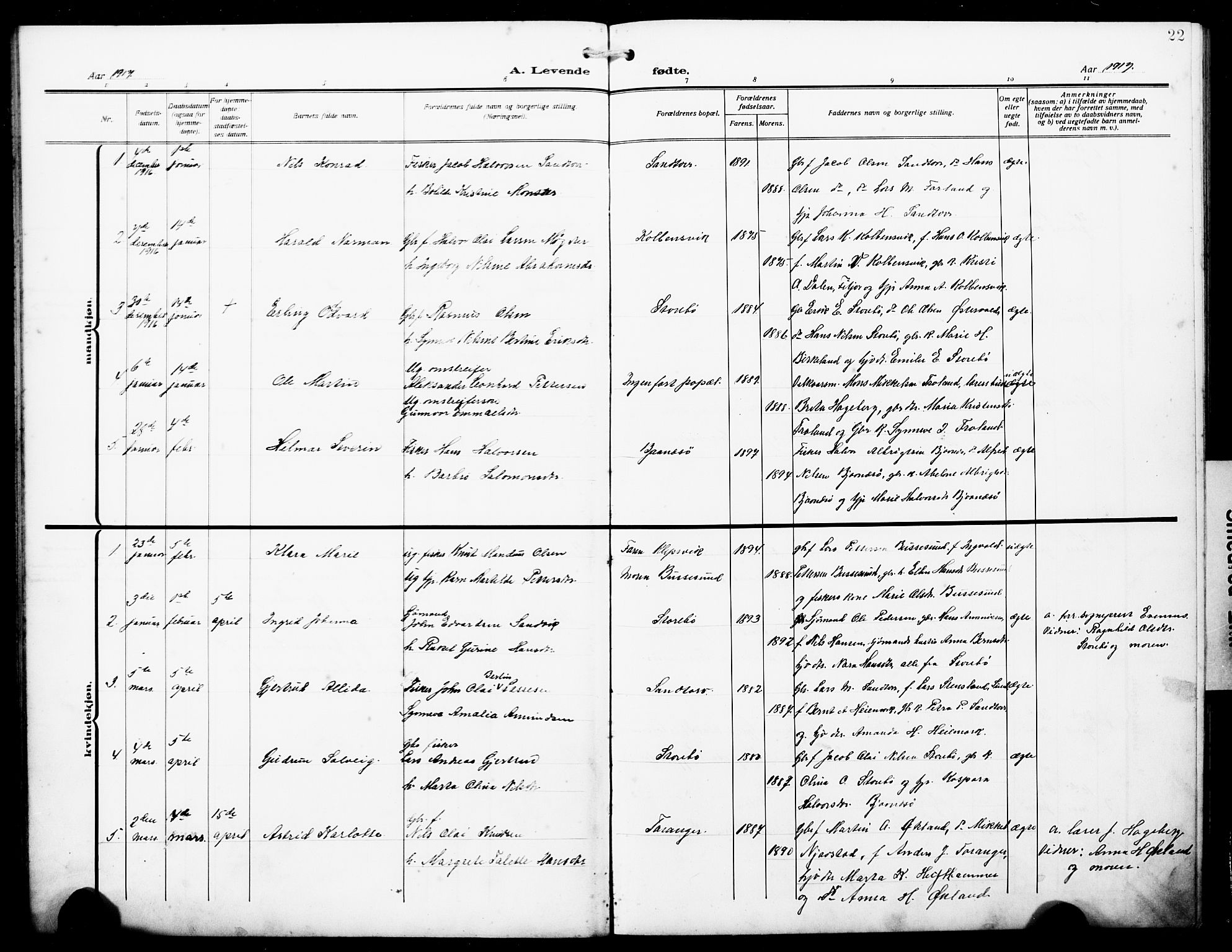 Austevoll Sokneprestembete, SAB/A-74201/H/Hab: Parish register (copy) no. A 5, 1913-1925, p. 22