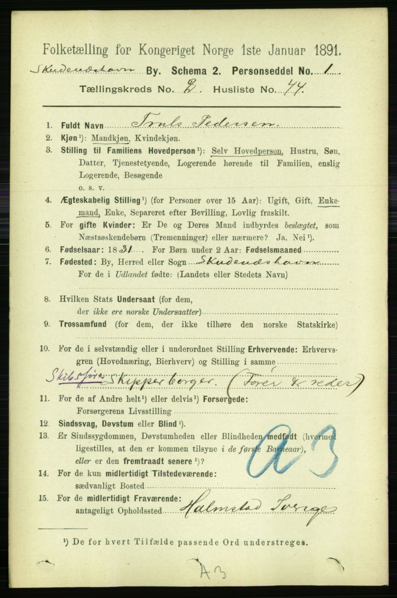 RA, 1891 census for 1104 Skudeneshavn, 1891, p. 830