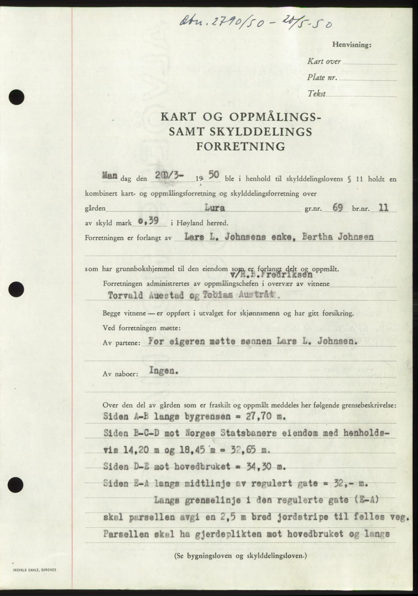 Jæren sorenskriveri, SAST/A-100310/03/G/Gba/L0107: Mortgage book, 1950-1950, Diary no: : 2790/1950