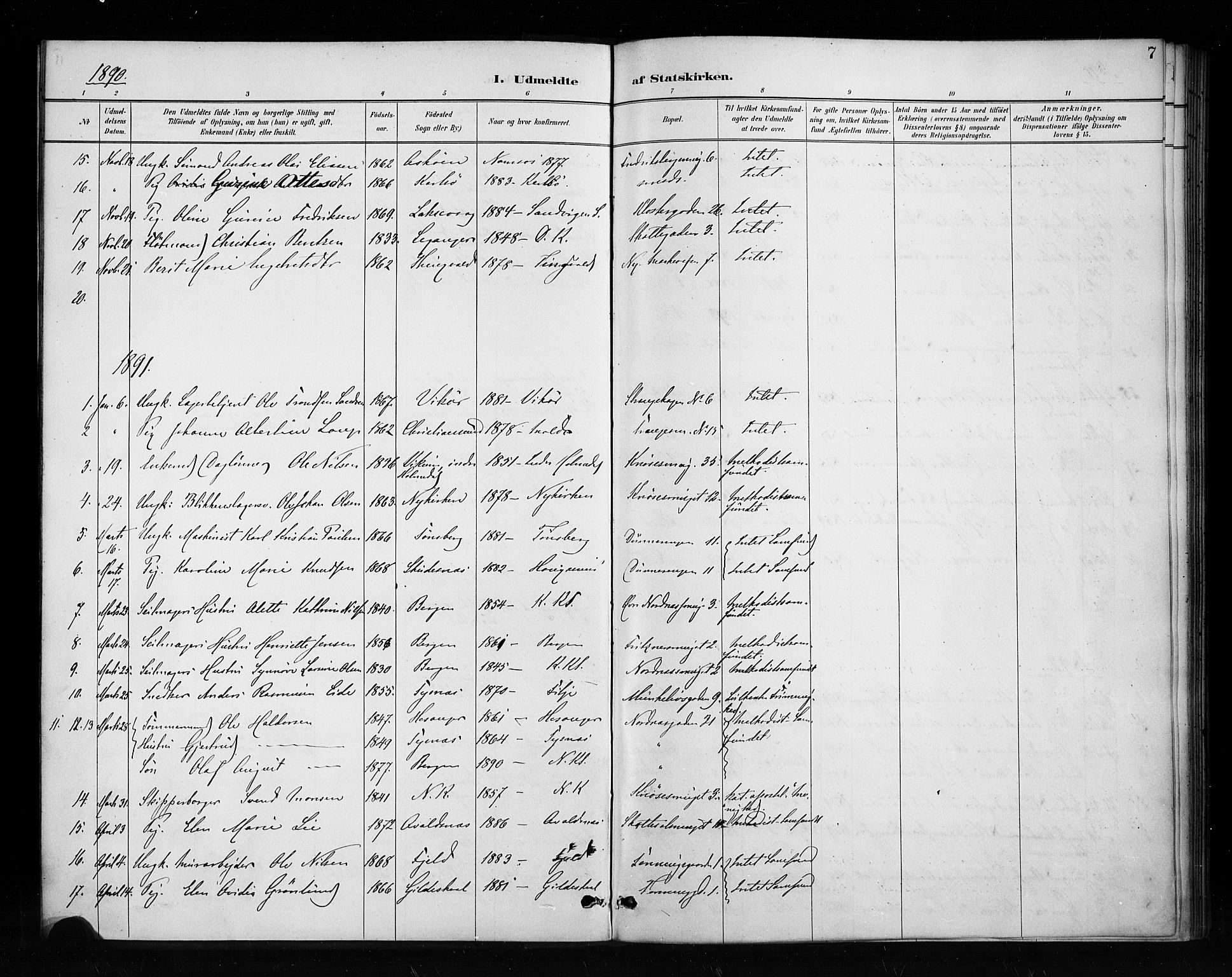 Nykirken Sokneprestembete, AV/SAB-A-77101/H/Haa/L0053: Parish register (official) no. H 2, 1887-1897, p. 7