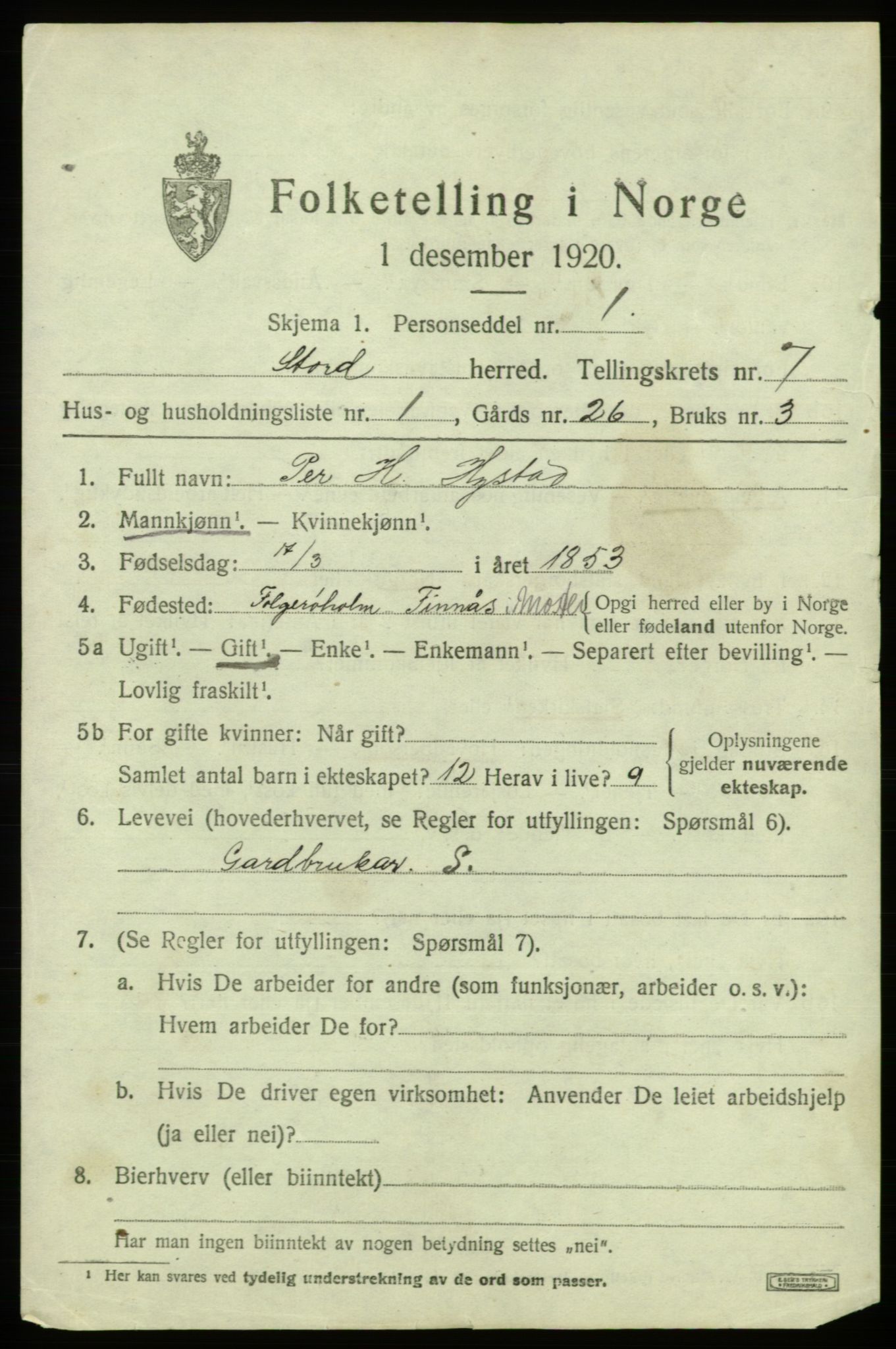 SAB, 1920 census for Stord, 1920, p. 3487