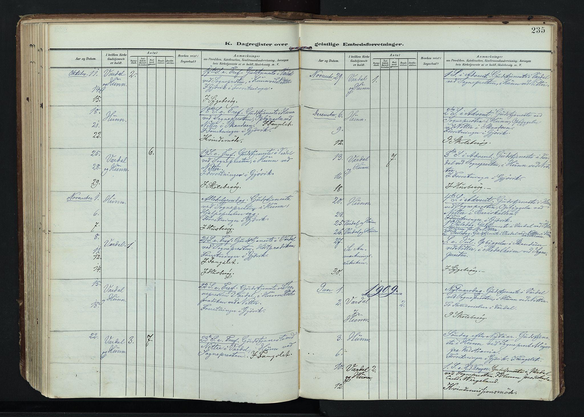 Vardal prestekontor, SAH/PREST-100/H/Ha/Haa/L0020: Parish register (official) no. 20, 1907-1921, p. 235