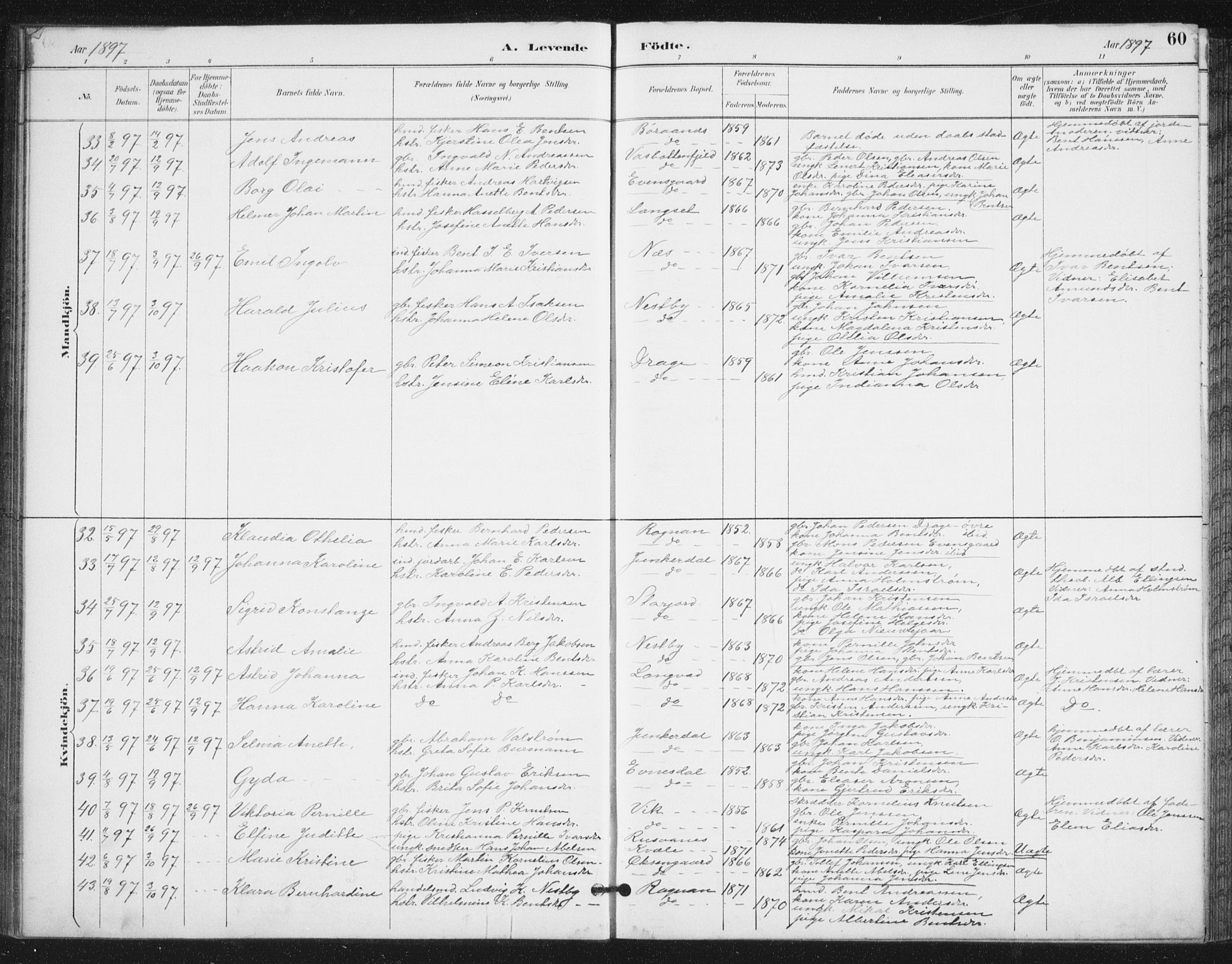 Ministerialprotokoller, klokkerbøker og fødselsregistre - Nordland, AV/SAT-A-1459/847/L0682: Parish register (copy) no. 847C10, 1889-1907, p. 60