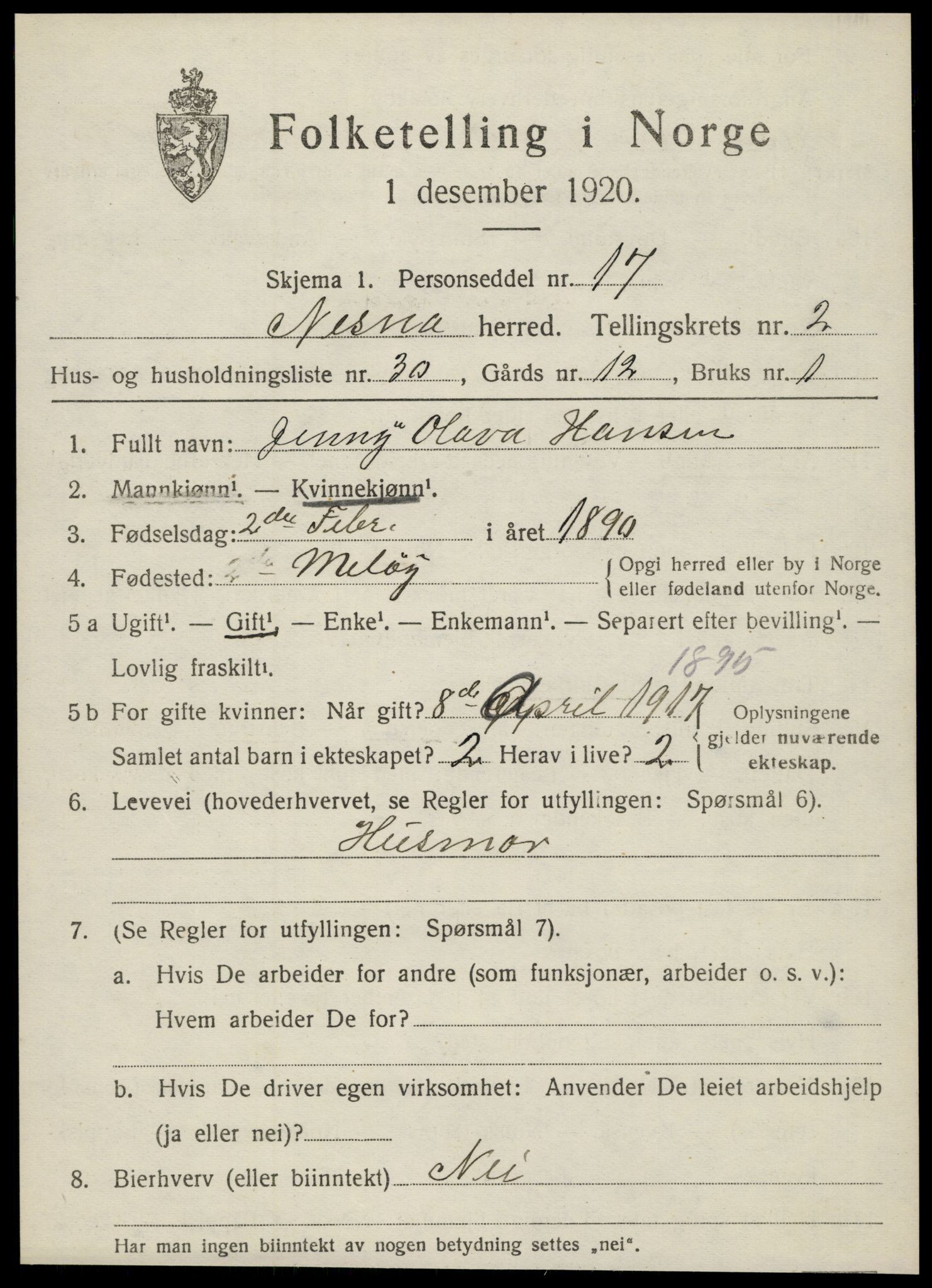 SAT, 1920 census for Nesna, 1920, p. 2069