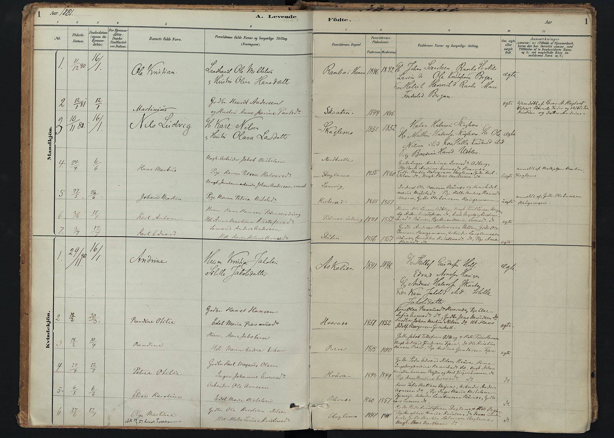 Hedrum kirkebøker, AV/SAKO-A-344/F/Fc/L0001: Parish register (official) no. III 1, 1881-1906, p. 1