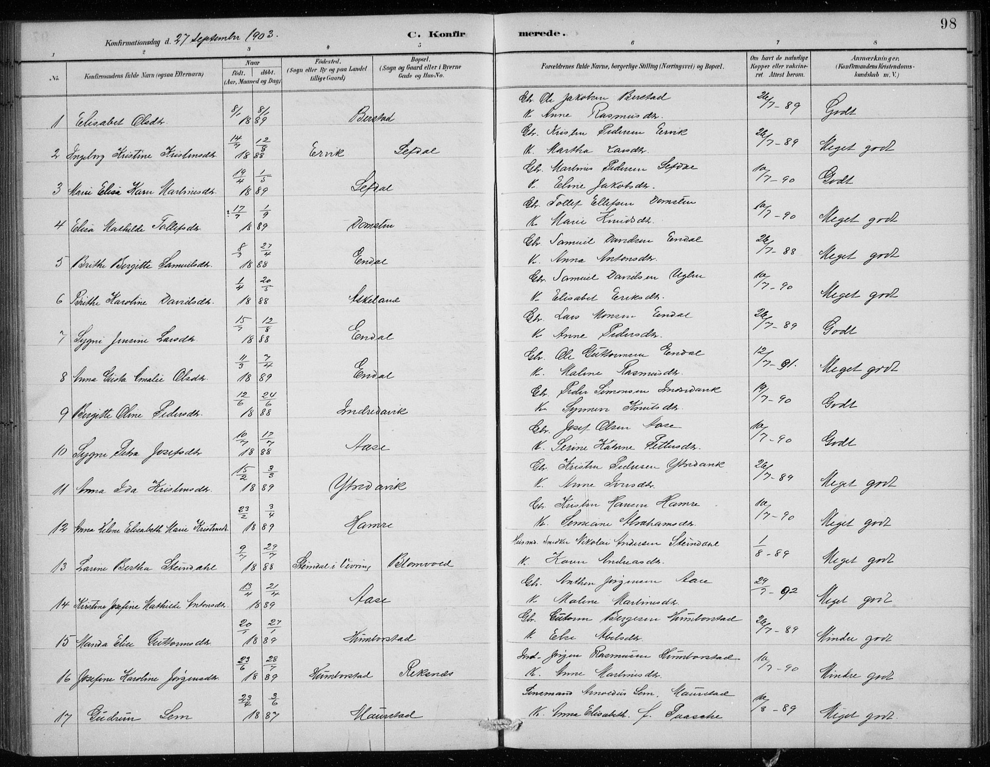 Davik sokneprestembete, AV/SAB-A-79701/H/Hab/Haba/L0002: Parish register (copy) no. A 2, 1890-1911, p. 98