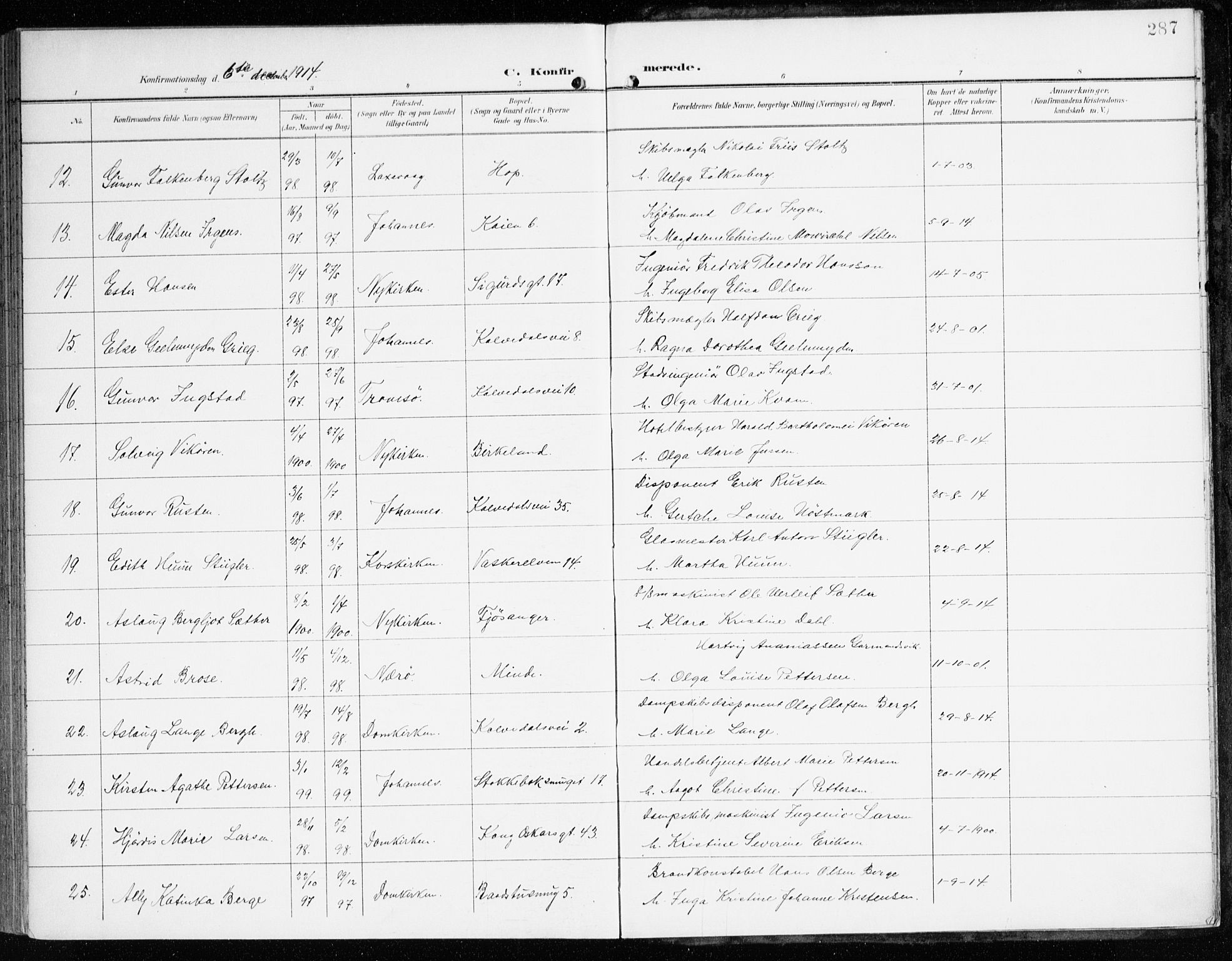 Domkirken sokneprestembete, AV/SAB-A-74801/H/Haa/L0031: Parish register (official) no. C 6, 1898-1915, p. 287