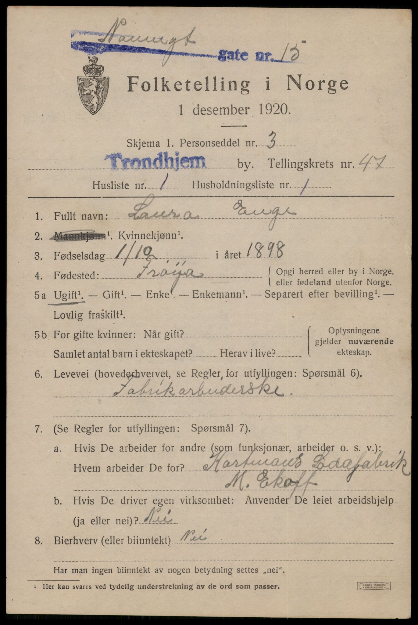 SAT, 1920 census for Trondheim, 1920, p. 99246