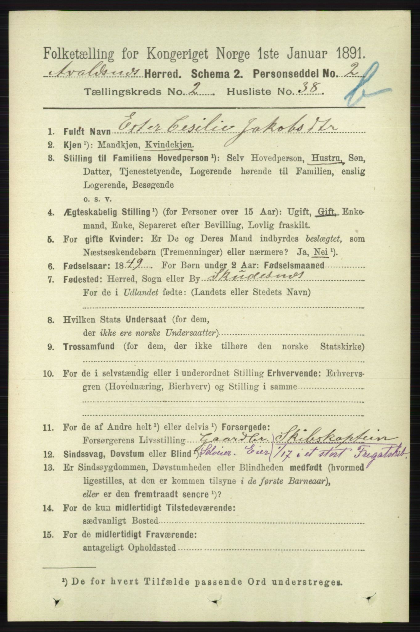 RA, 1891 census for 1147 Avaldsnes, 1891, p. 2187