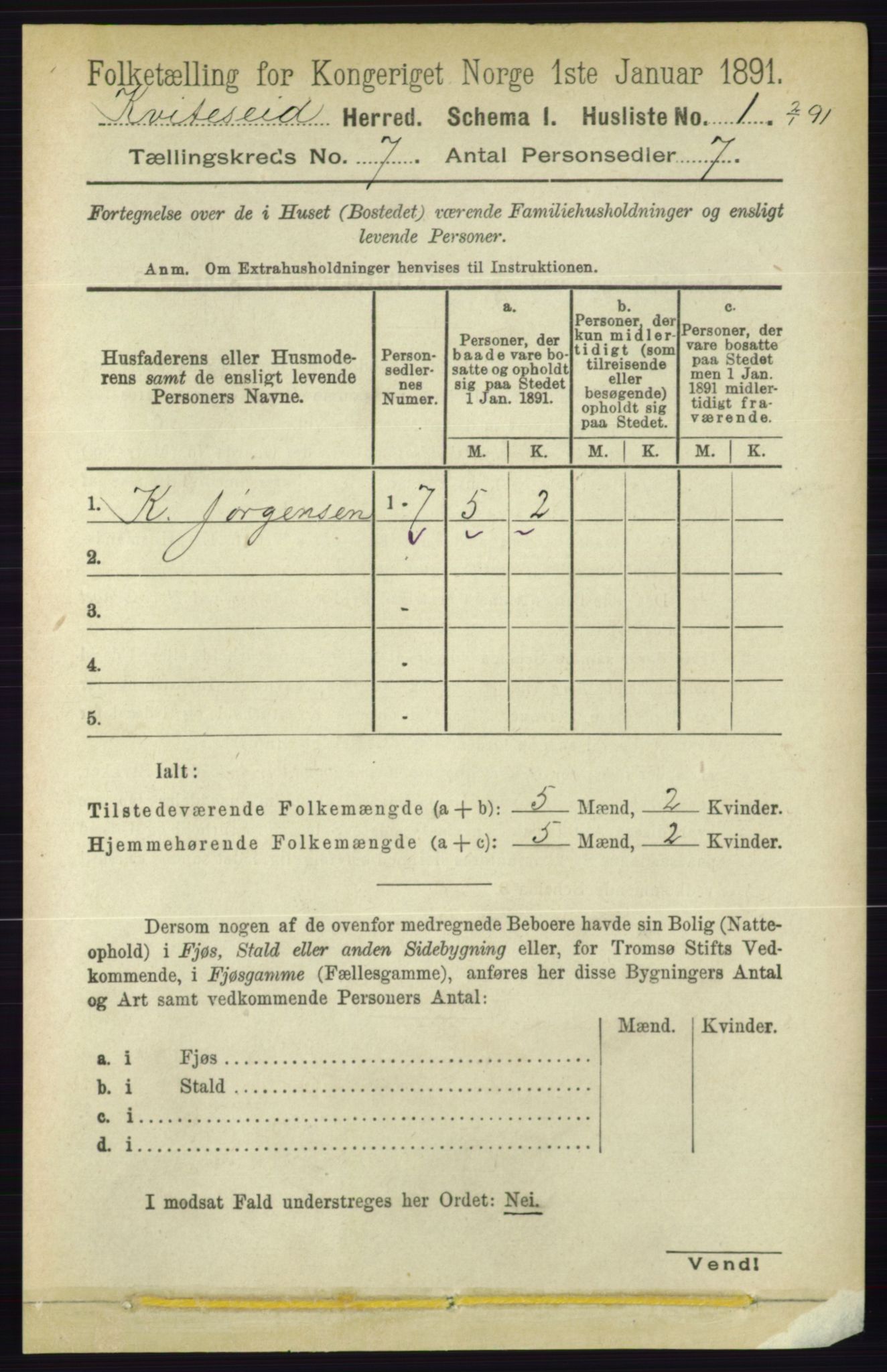 RA, 1891 census for 0829 Kviteseid, 1891, p. 1330