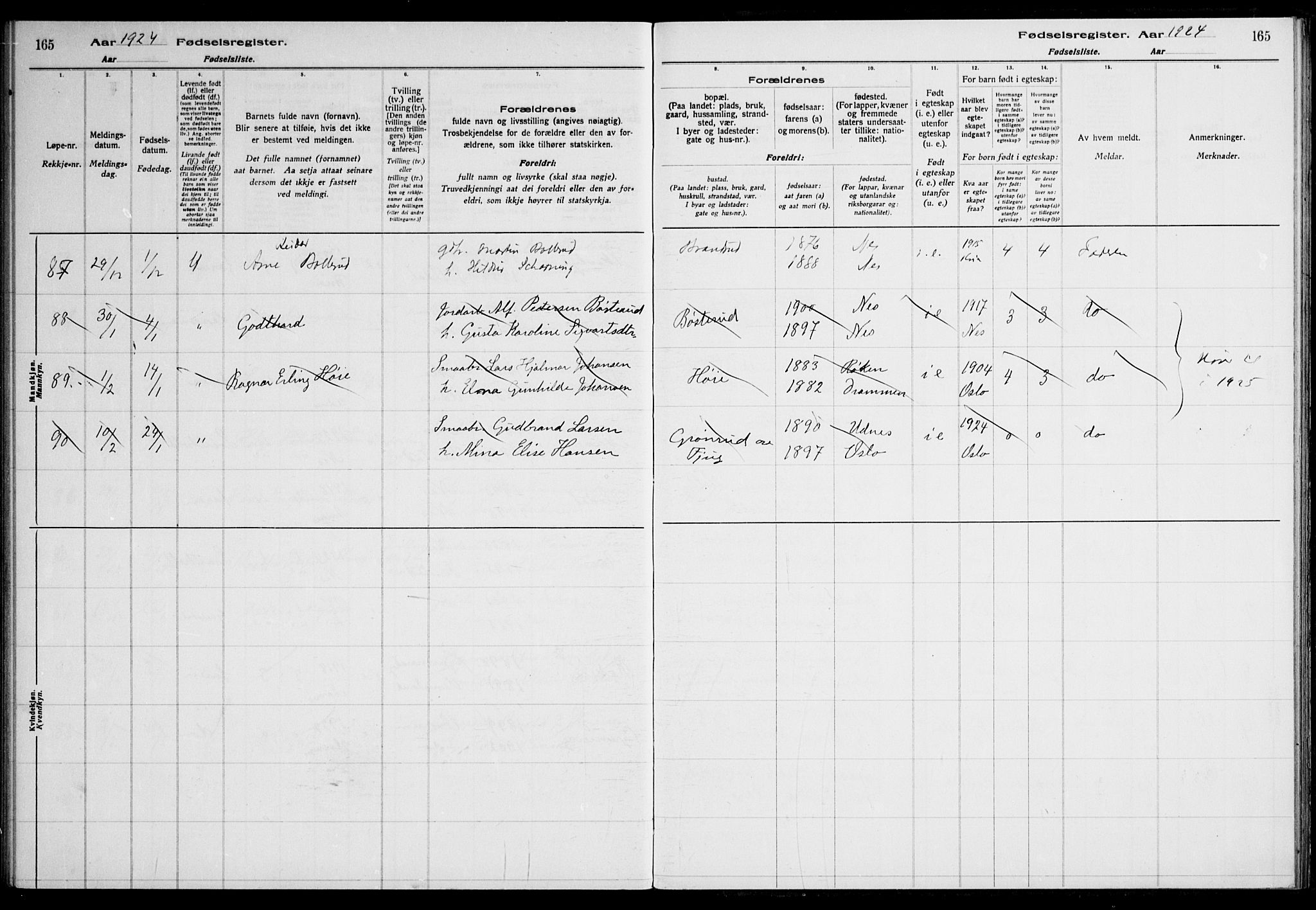 Nes prestekontor Kirkebøker, AV/SAO-A-10410/J/Ja/L0001: Birth register no. 1, 1916-1926, p. 165