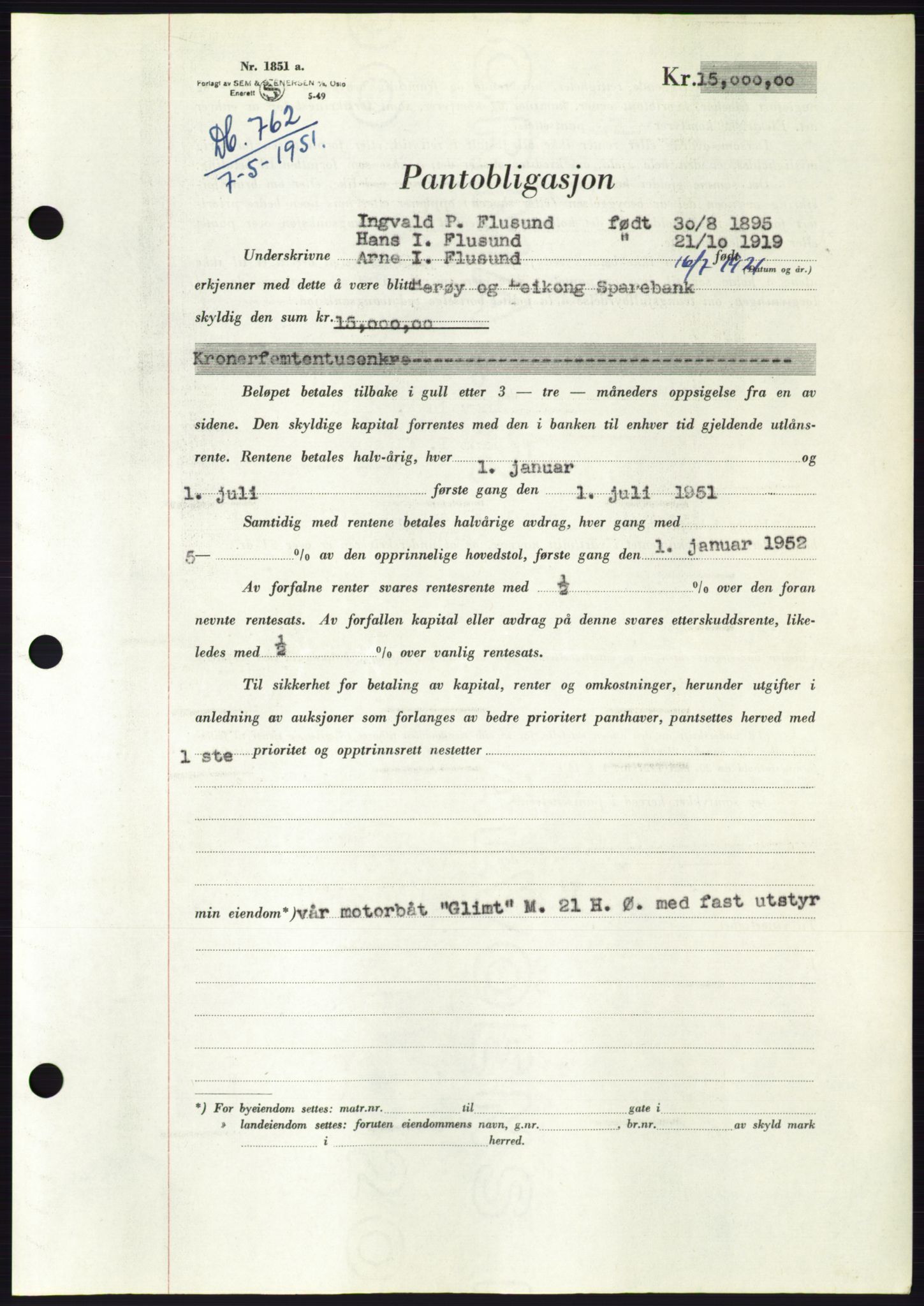 Søre Sunnmøre sorenskriveri, AV/SAT-A-4122/1/2/2C/L0120: Mortgage book no. 8B, 1951-1951, Diary no: : 762/1951