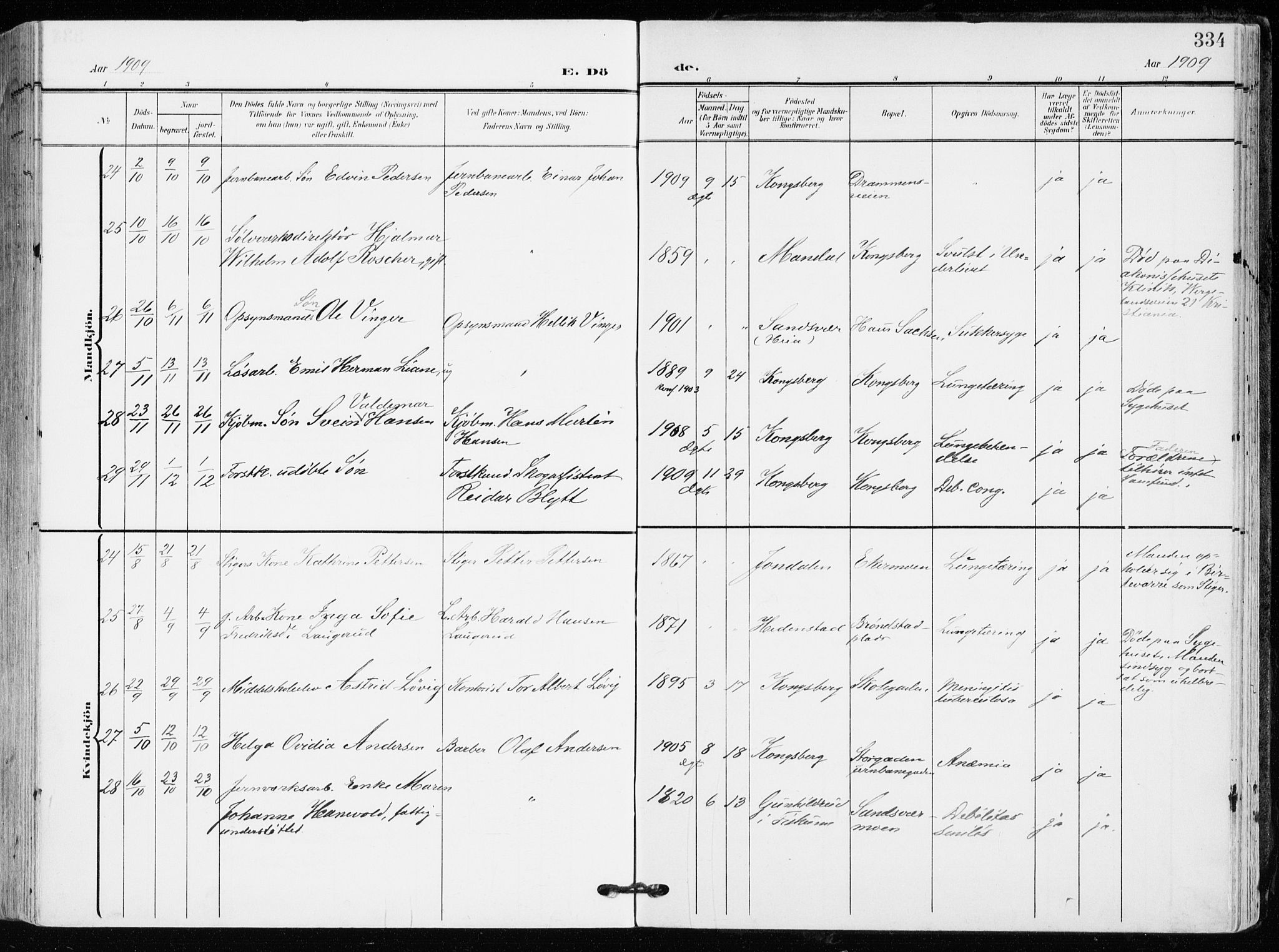 Kongsberg kirkebøker, AV/SAKO-A-22/F/Fb/L0004: Parish register (official) no. II 4, 1906-1918, p. 334