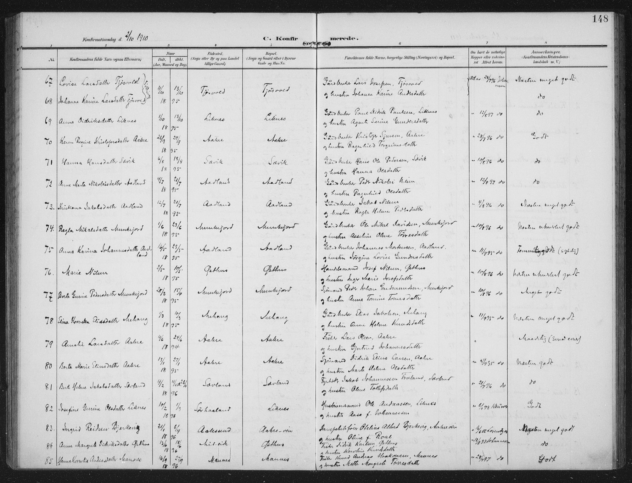 Kopervik sokneprestkontor, AV/SAST-A-101850/H/Ha/Haa/L0005: Parish register (official) no. A 5, 1906-1924, p. 148