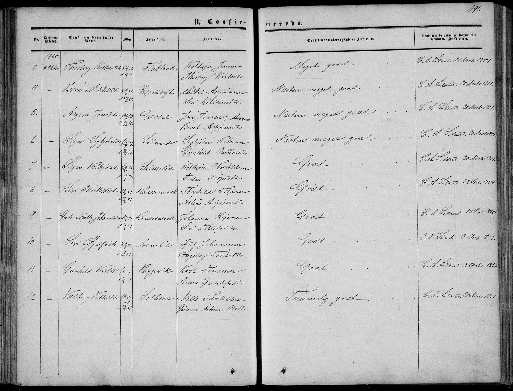 Sirdal sokneprestkontor, AV/SAK-1111-0036/F/Fa/Fab/L0002: Parish register (official) no. A 2, 1855-1874, p. 191