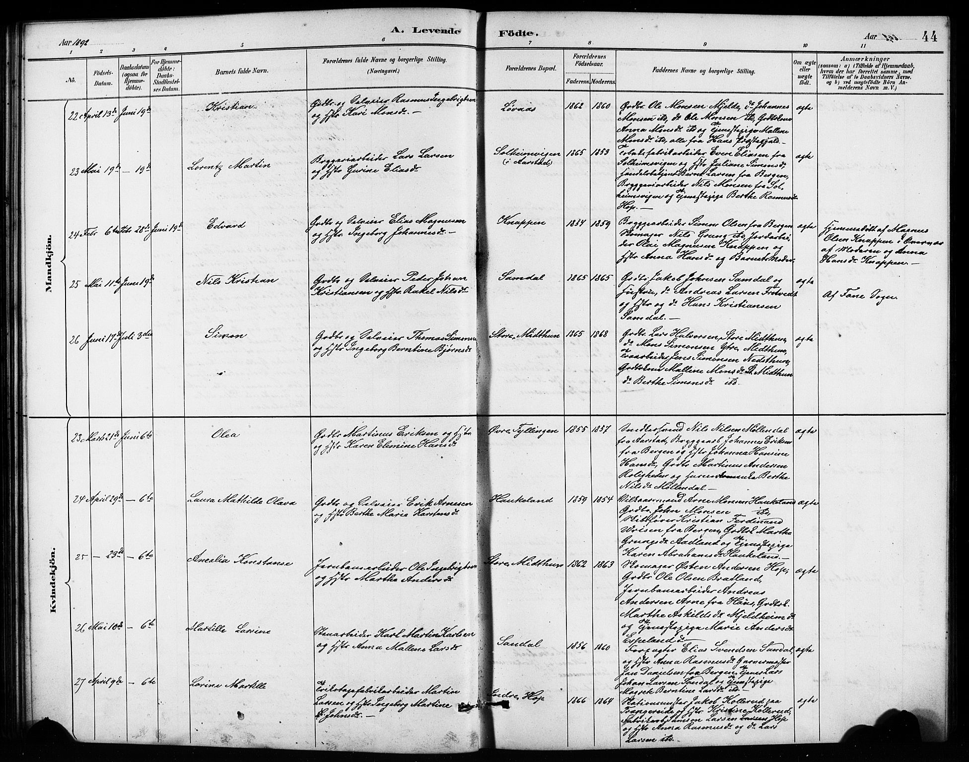Birkeland Sokneprestembete, SAB/A-74601/H/Hab: Parish register (copy) no. A 4, 1888-1897, p. 44