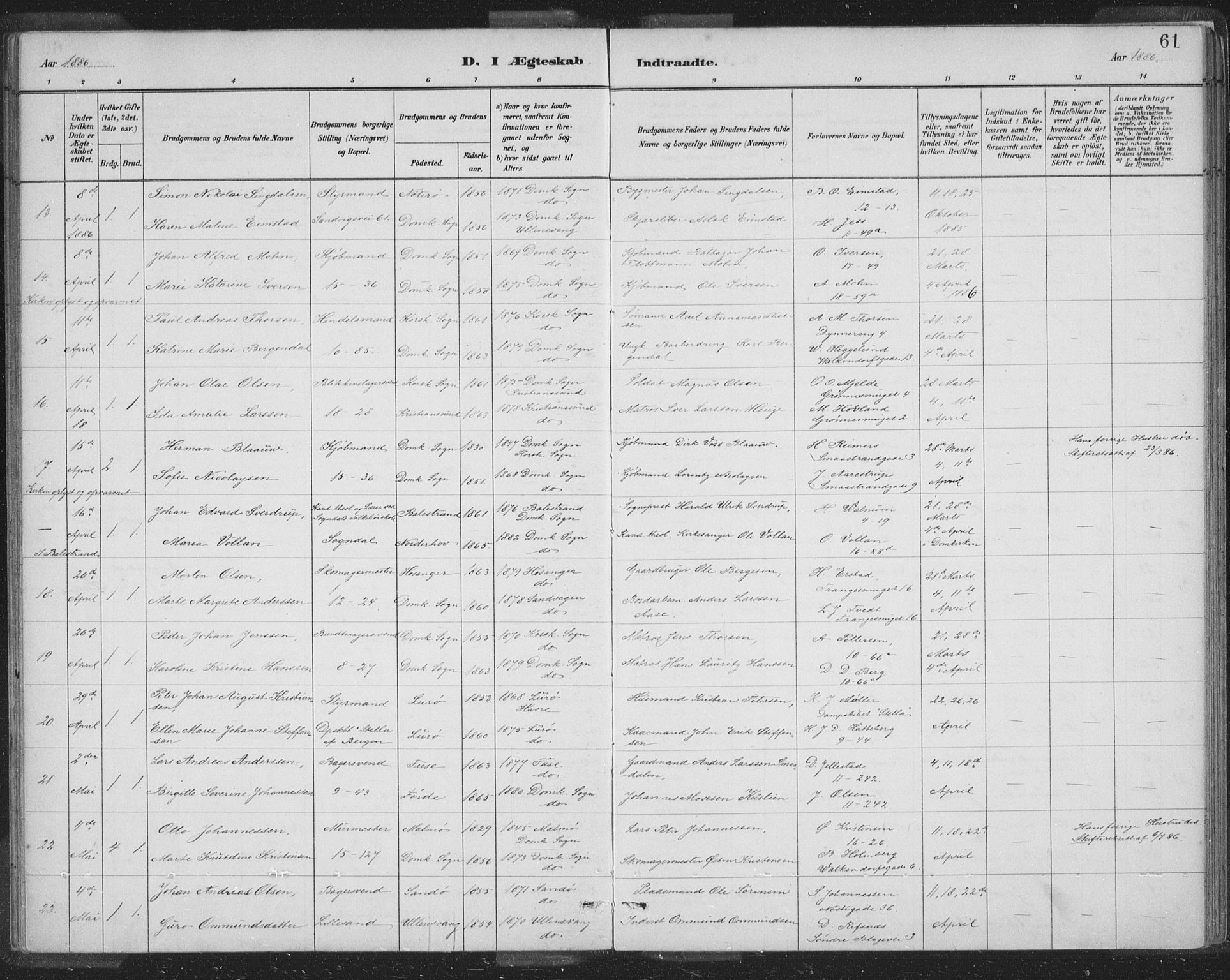 Domkirken sokneprestembete, SAB/A-74801/H/Hab/L0032: Parish register (copy) no. D 4, 1880-1907, p. 61