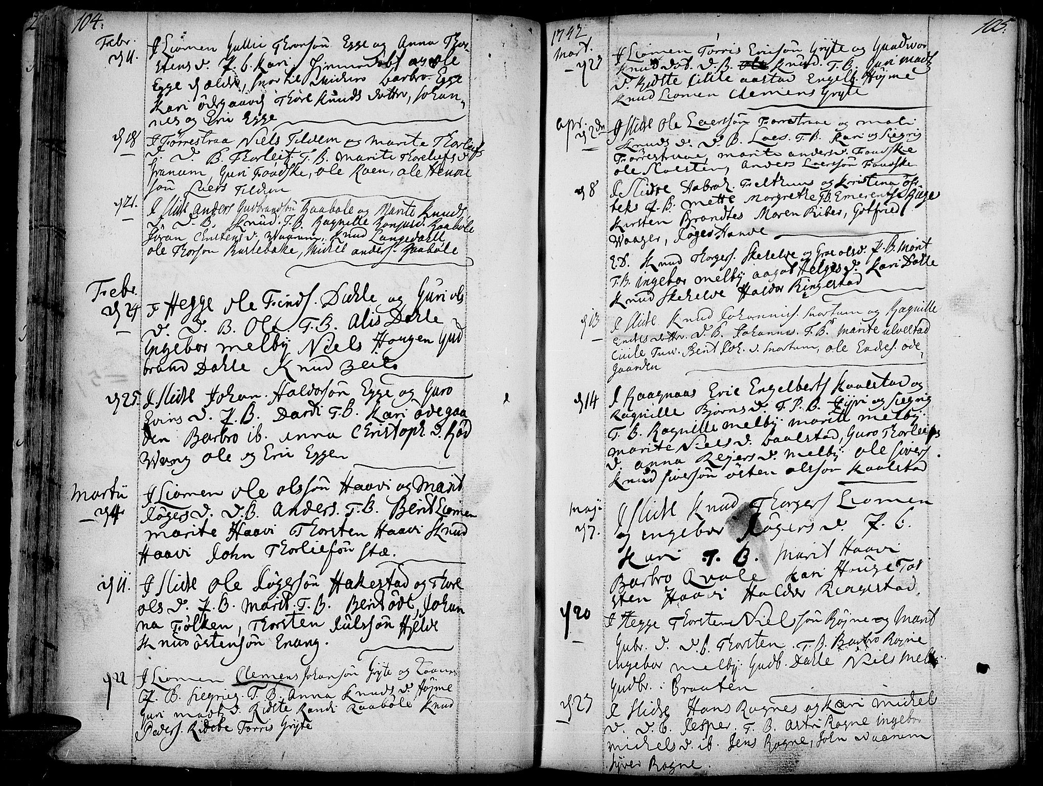 Slidre prestekontor, AV/SAH-PREST-134/H/Ha/Haa/L0001: Parish register (official) no. 1, 1724-1814, p. 104-105