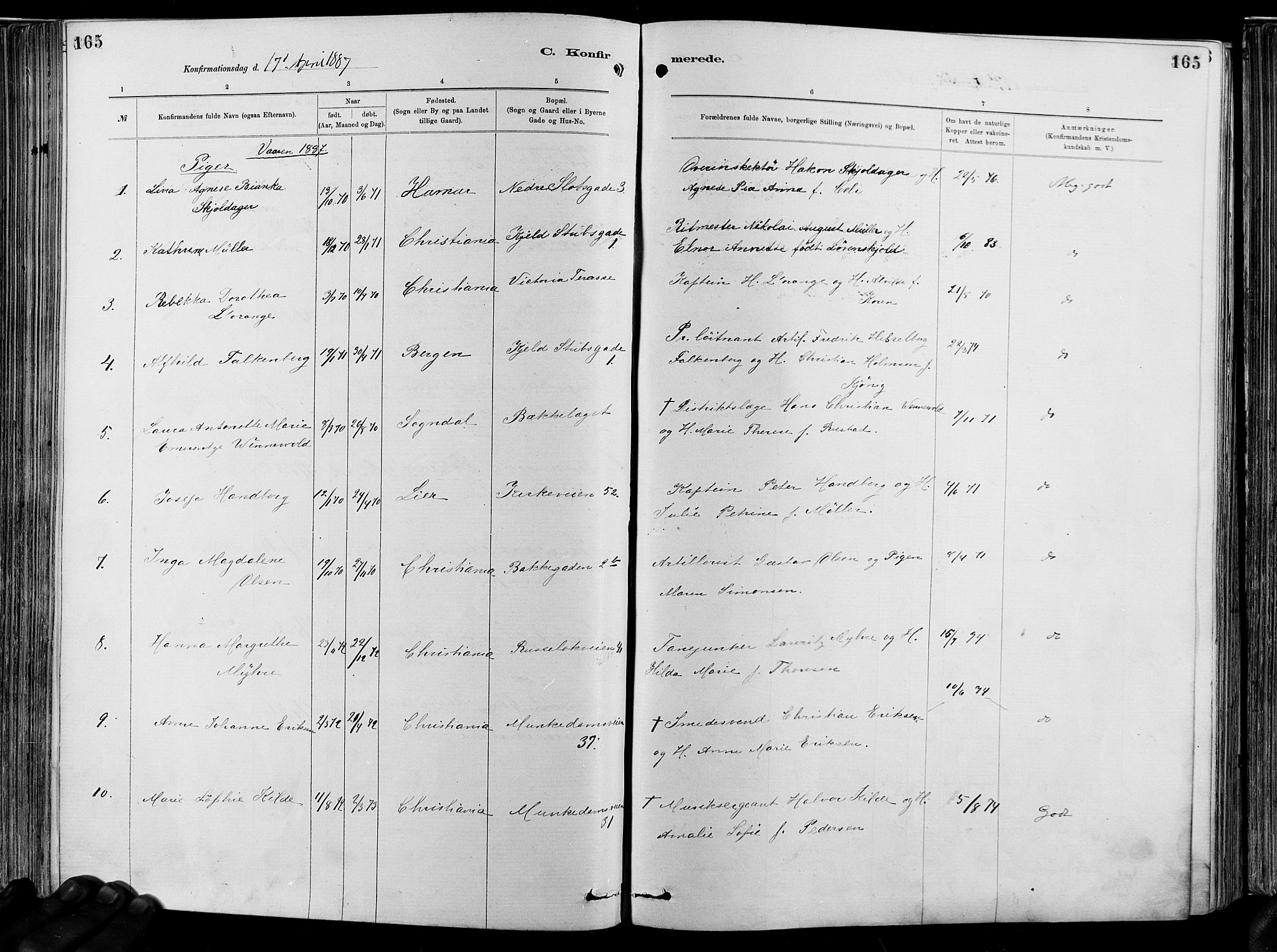 Garnisonsmenigheten Kirkebøker, AV/SAO-A-10846/F/Fa/L0012: Parish register (official) no. 12, 1880-1893, p. 165