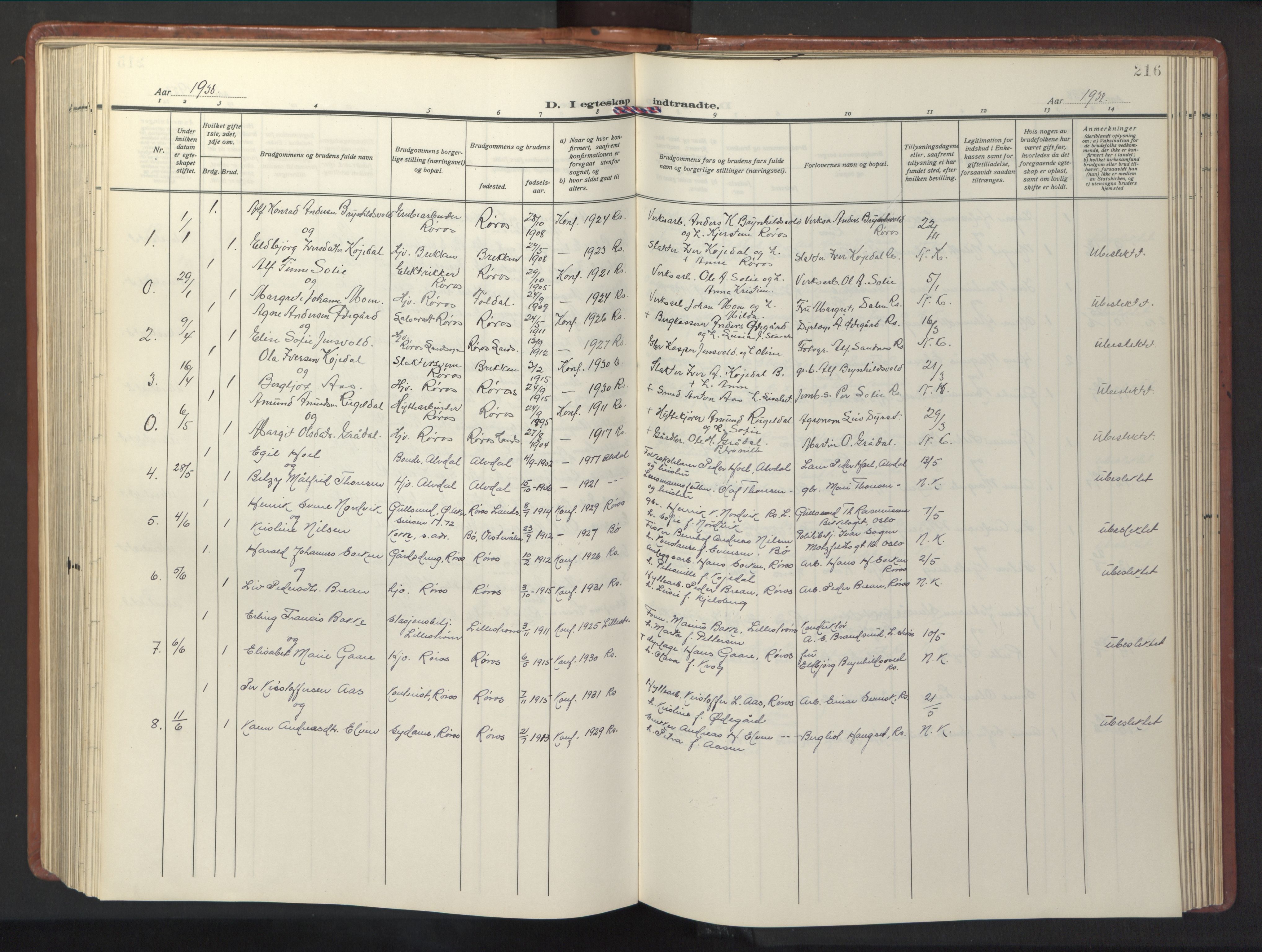Ministerialprotokoller, klokkerbøker og fødselsregistre - Sør-Trøndelag, SAT/A-1456/681/L0943: Parish register (copy) no. 681C07, 1926-1954, p. 216