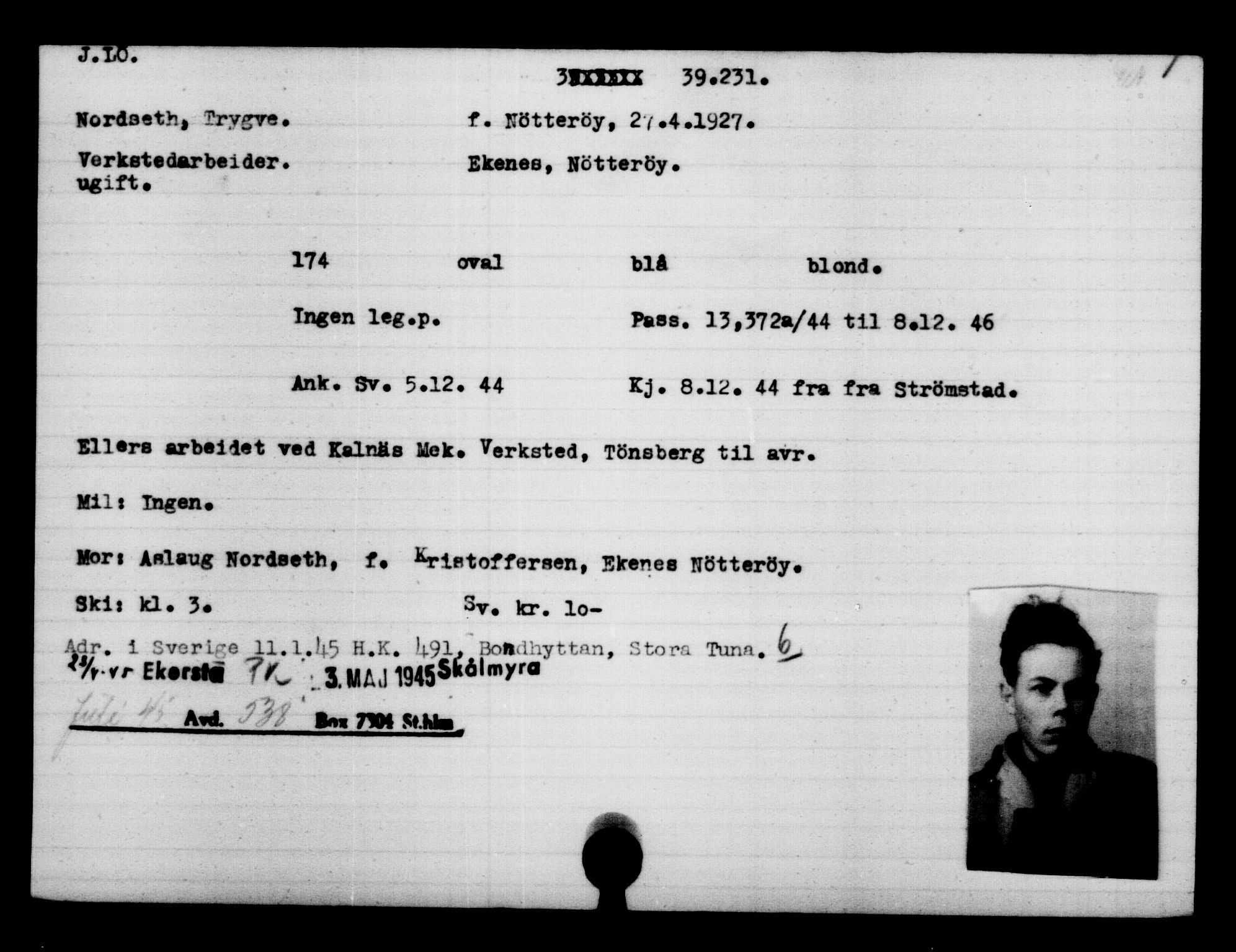 Utenriksstasjonene, Legasjonen i Stockholm, Flyktningkontoret, AV/RA-S-6753/V/Va/L0015: Kjesäterkartoteket, flyktninger med registreringsnr. 37800-40770, 1940-1945, p. 1470