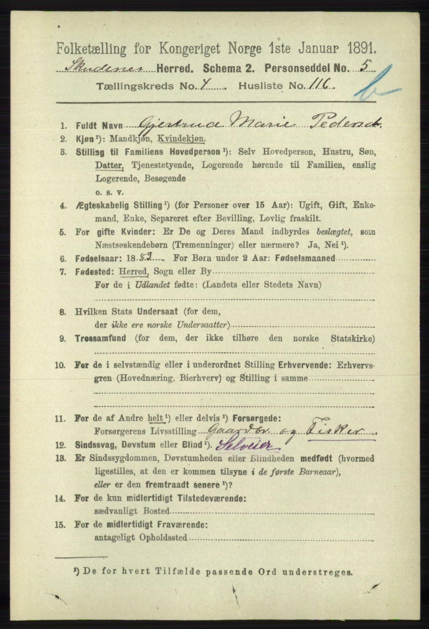 RA, 1891 census for 1150 Skudenes, 1891, p. 5158