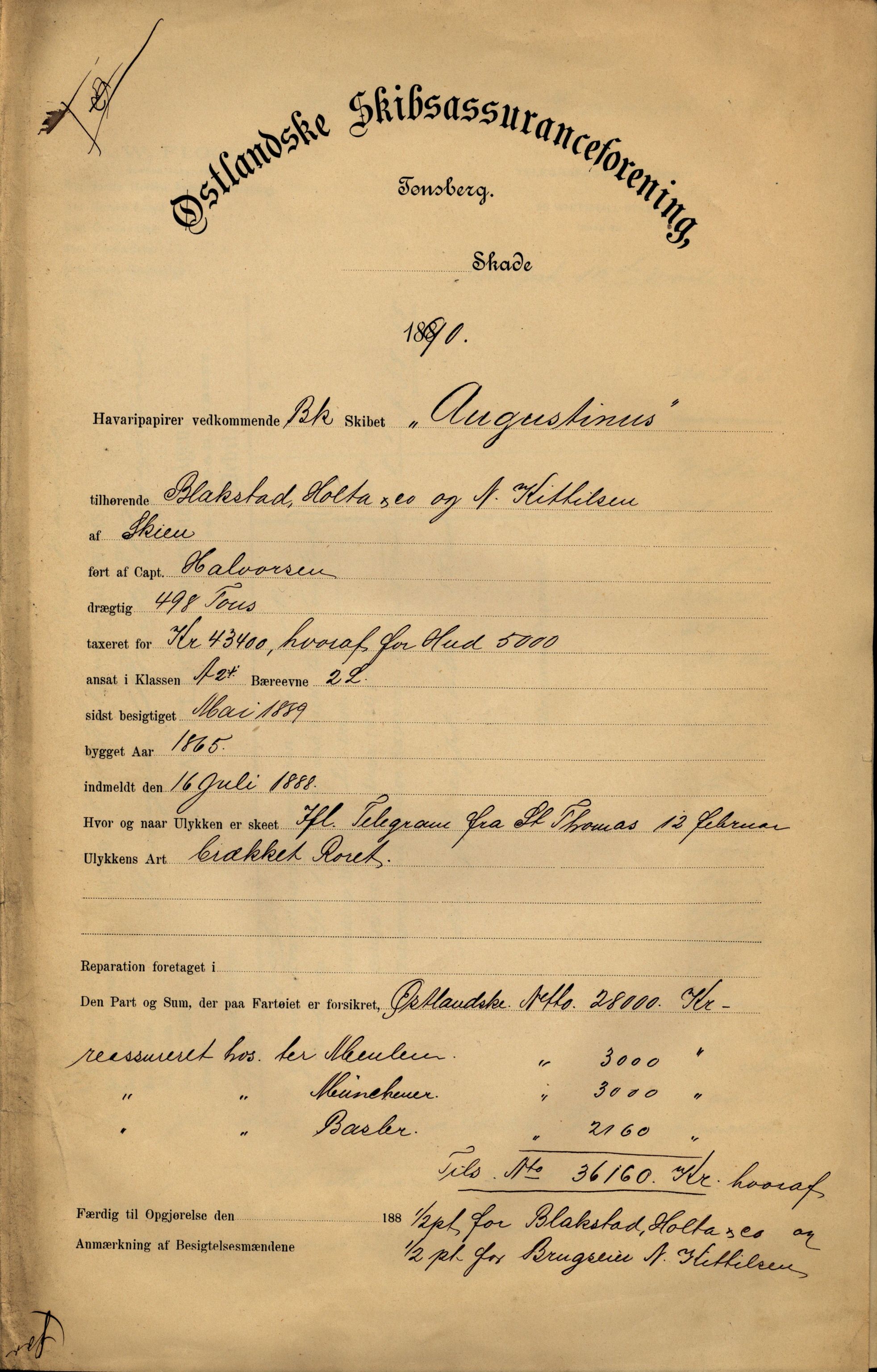 Pa 63 - Østlandske skibsassuranceforening, VEMU/A-1079/G/Ga/L0026/0008: Havaridokumenter / Bernadotte, Bardeu, Augustinus, Atlanta, Arne, 1890, p. 11