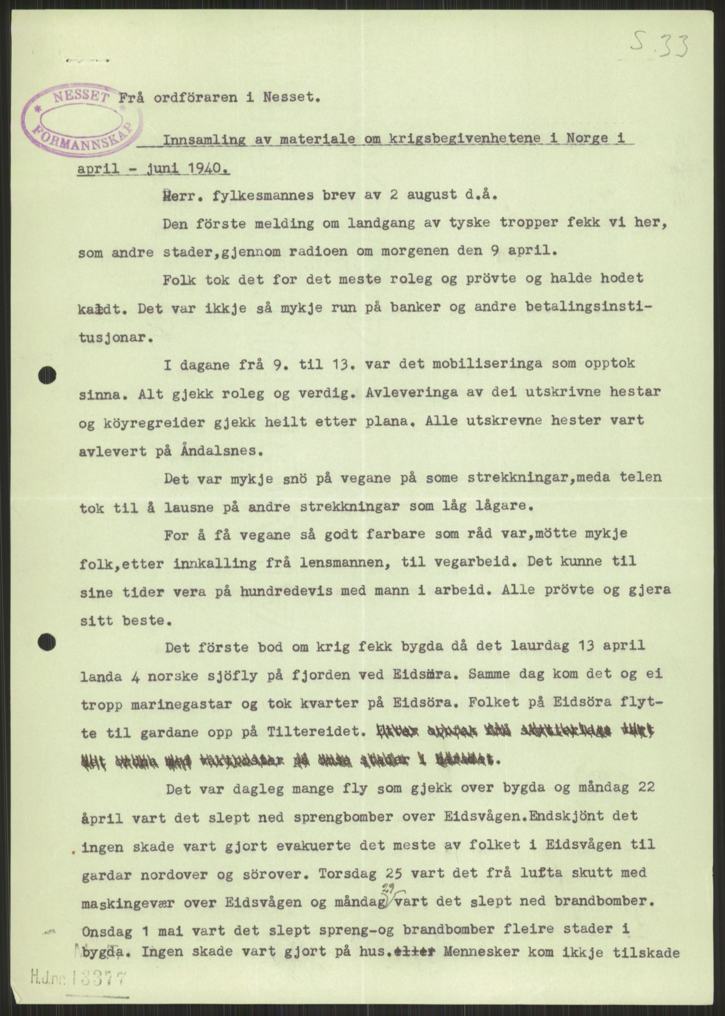 Forsvaret, Forsvarets krigshistoriske avdeling, AV/RA-RAFA-2017/Y/Ya/L0015: II-C-11-31 - Fylkesmenn.  Rapporter om krigsbegivenhetene 1940., 1940, p. 732