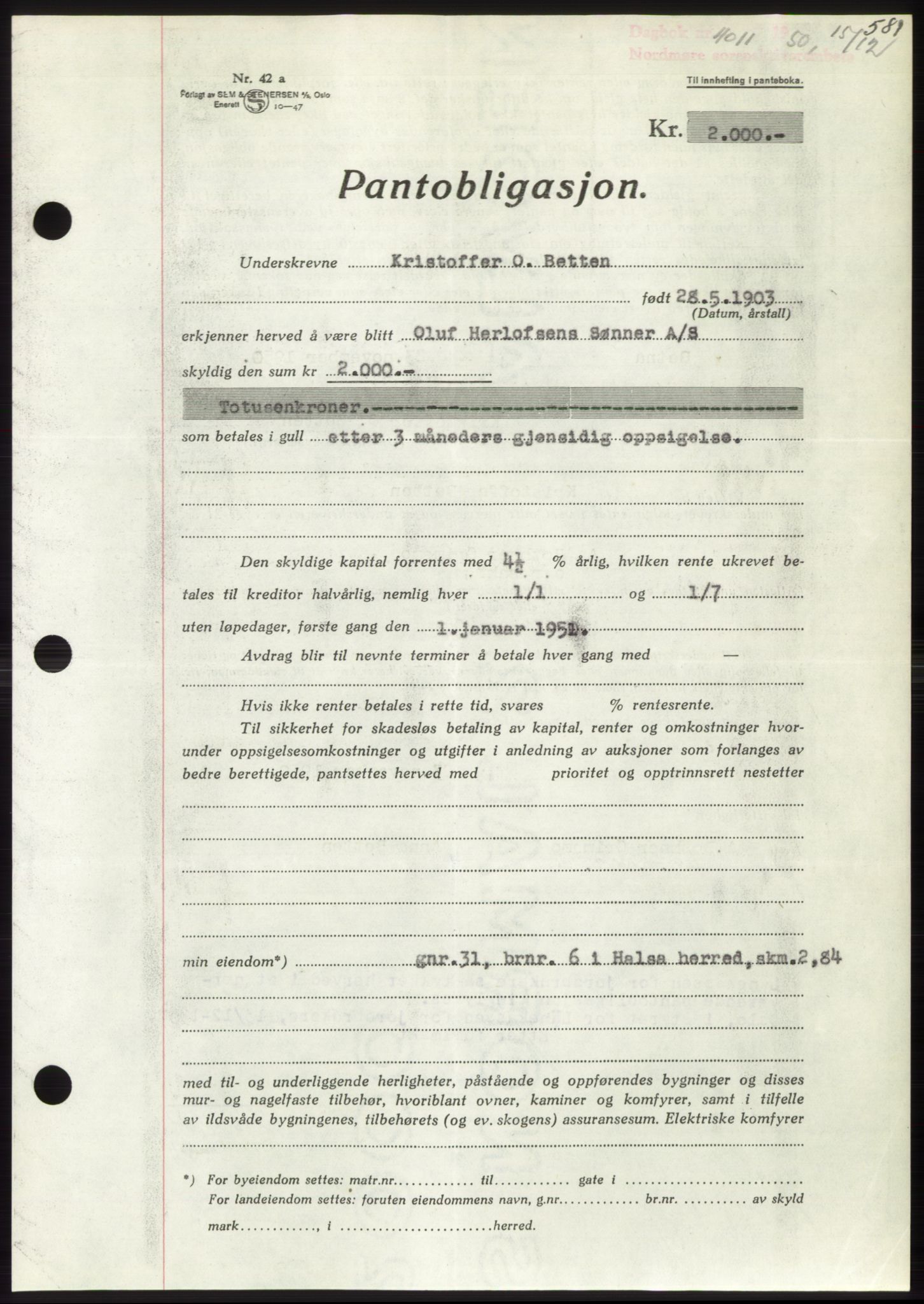 Nordmøre sorenskriveri, AV/SAT-A-4132/1/2/2Ca: Mortgage book no. B106, 1950-1950, Diary no: : 4011/1950