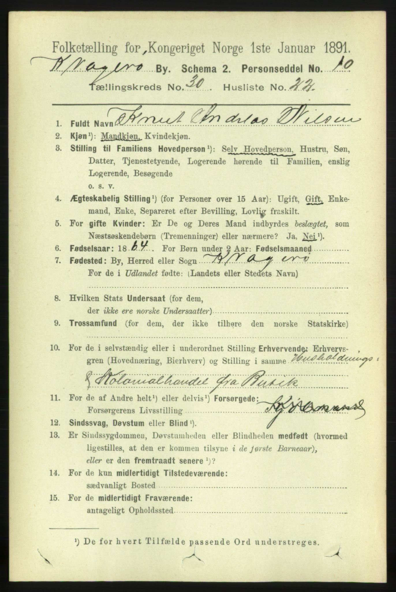 RA, 1891 census for 0801 Kragerø, 1891, p. 5698