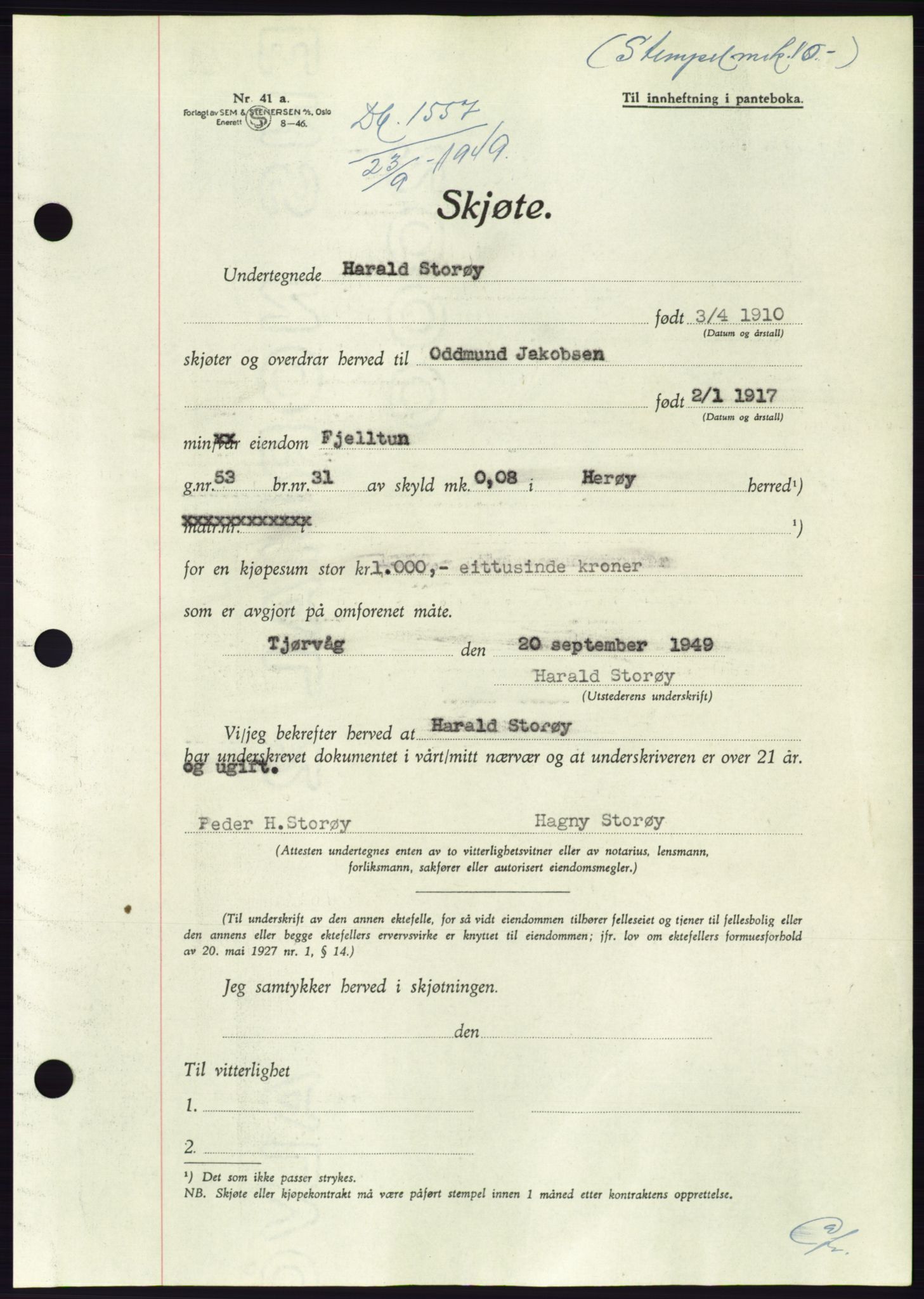 Søre Sunnmøre sorenskriveri, AV/SAT-A-4122/1/2/2C/L0085: Mortgage book no. 11A, 1949-1949, Diary no: : 1557/1949