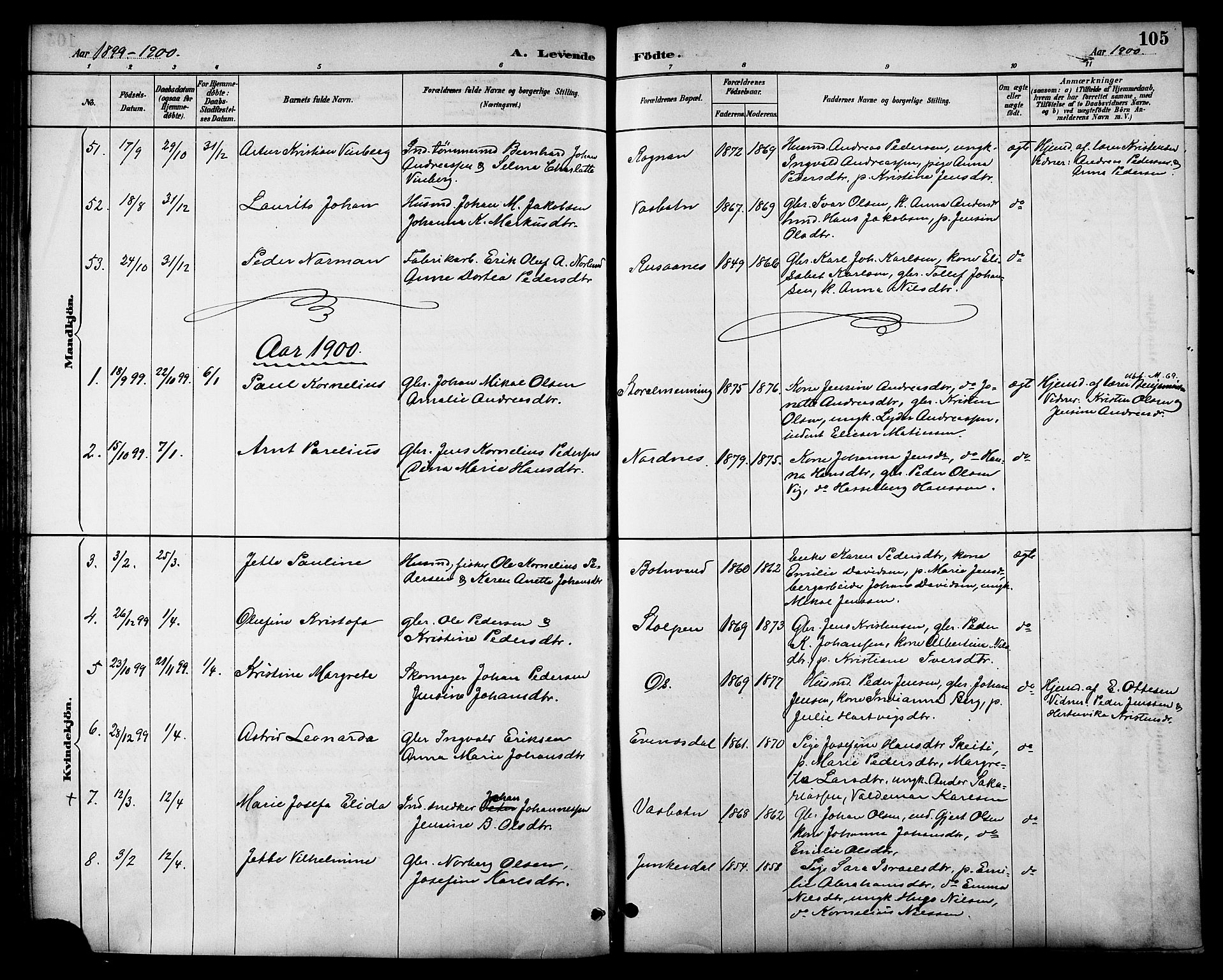 Ministerialprotokoller, klokkerbøker og fødselsregistre - Nordland, AV/SAT-A-1459/847/L0669: Parish register (official) no. 847A09, 1887-1901, p. 105