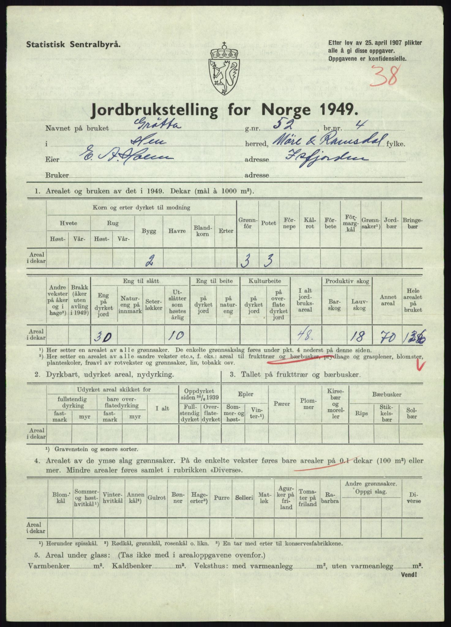 Statistisk sentralbyrå, Næringsøkonomiske emner, Jordbruk, skogbruk, jakt, fiske og fangst, AV/RA-S-2234/G/Gc/L0323: Møre og Romsdal: Grytten og Hen, 1949, p. 753