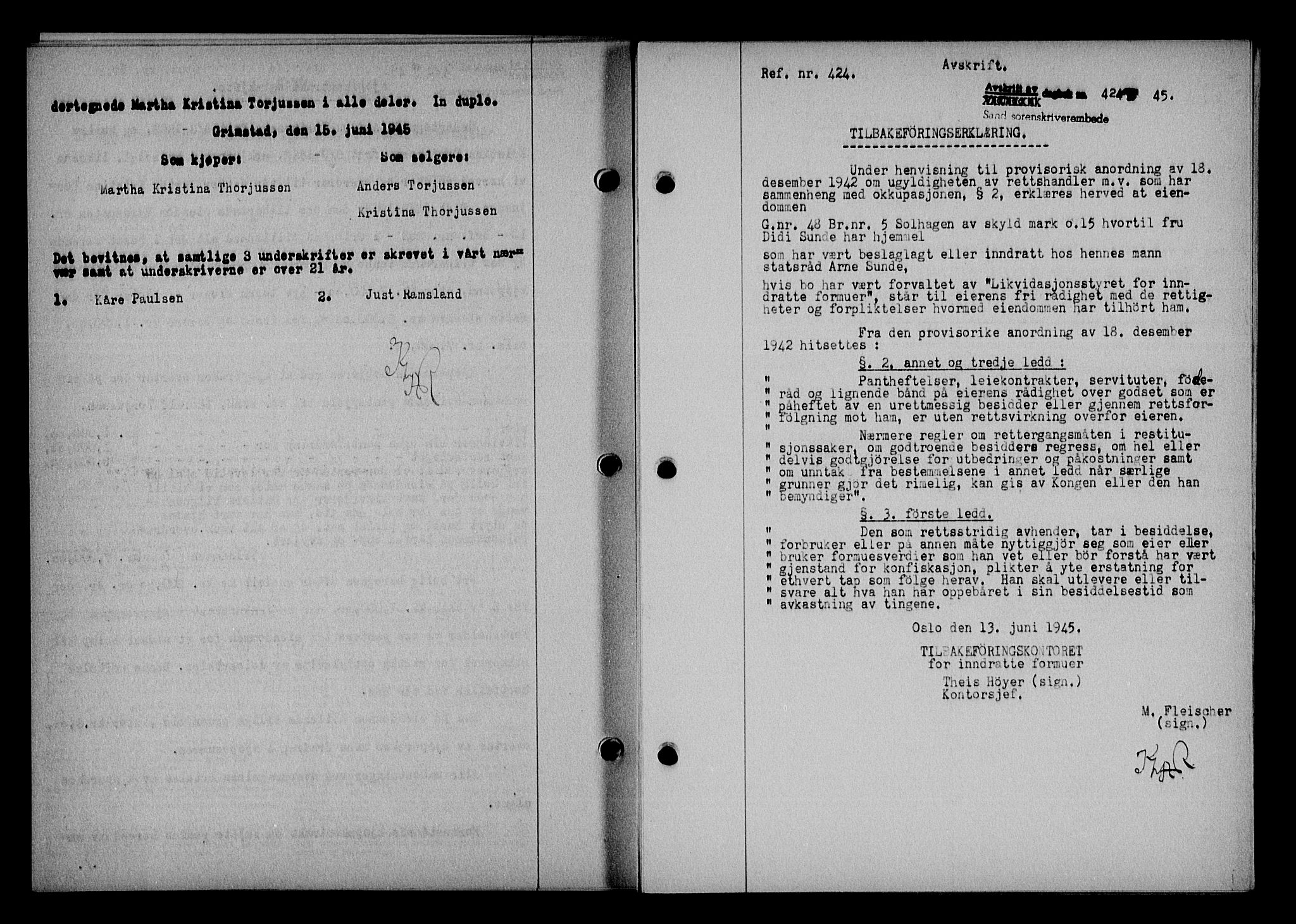 Vestre Nedenes/Sand sorenskriveri, SAK/1221-0010/G/Gb/Gba/L0053: Mortgage book no. A 6, 1944-1945, Diary no: : 424/1945