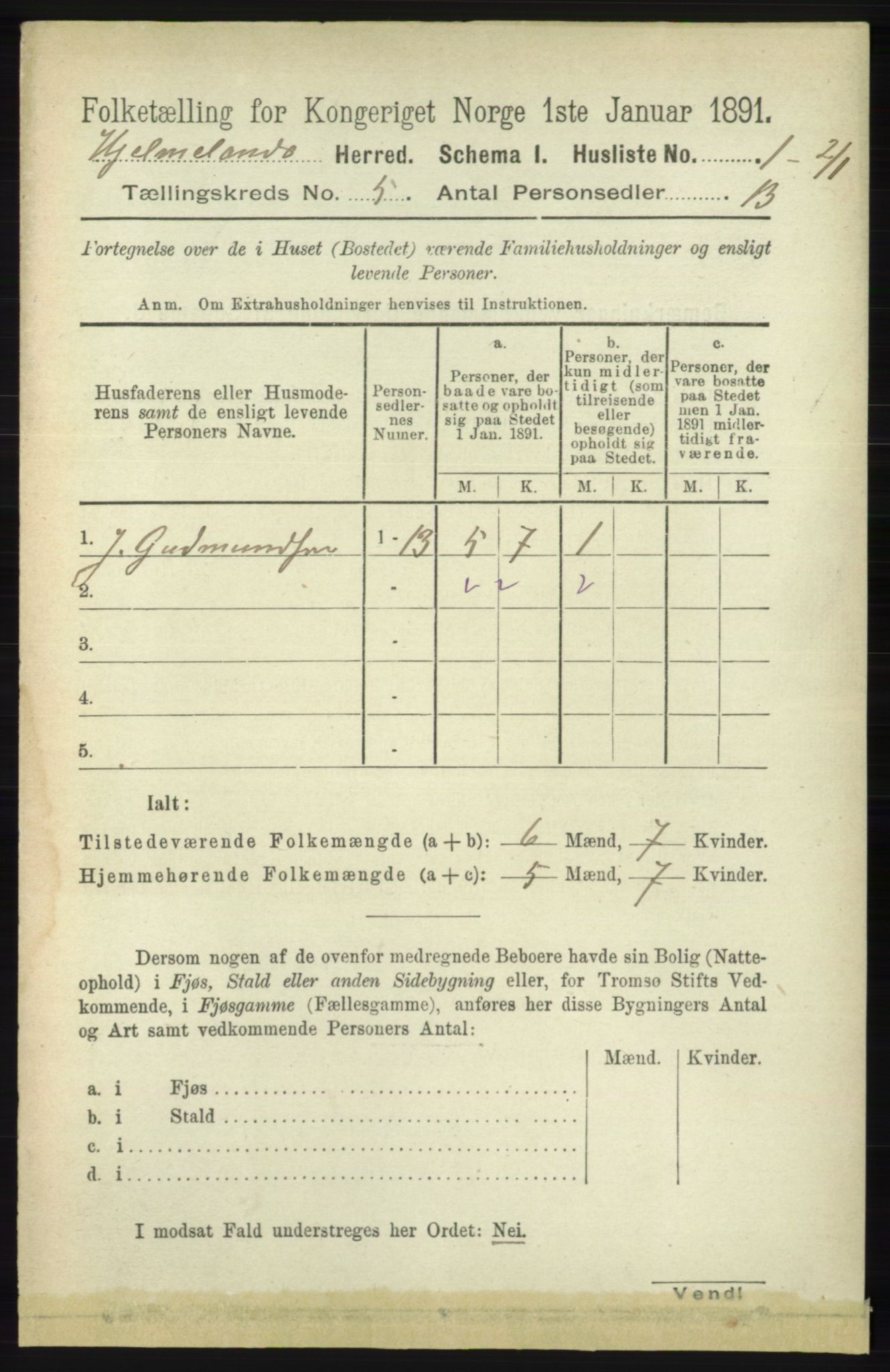 RA, 1891 census for 1133 Hjelmeland, 1891, p. 1090