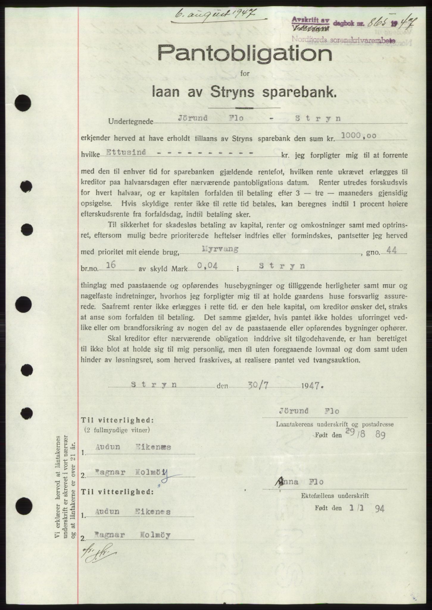 Nordfjord sorenskriveri, SAB/A-2801/02/02b/02bk/L0005: Mortgage book no. B7-8, 1946-1947, Diary no: : 865/1947