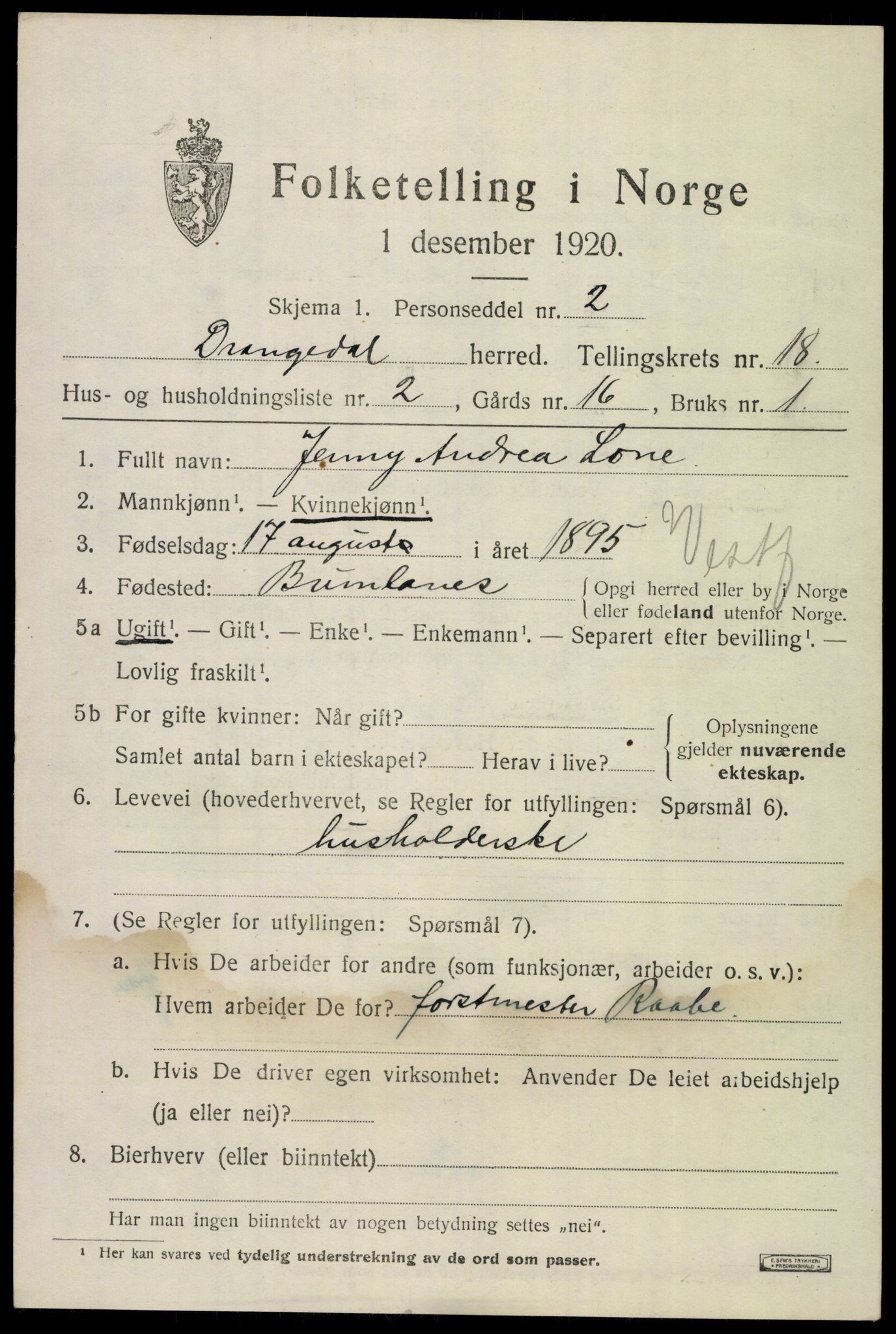 SAKO, 1920 census for Drangedal, 1920, p. 8323