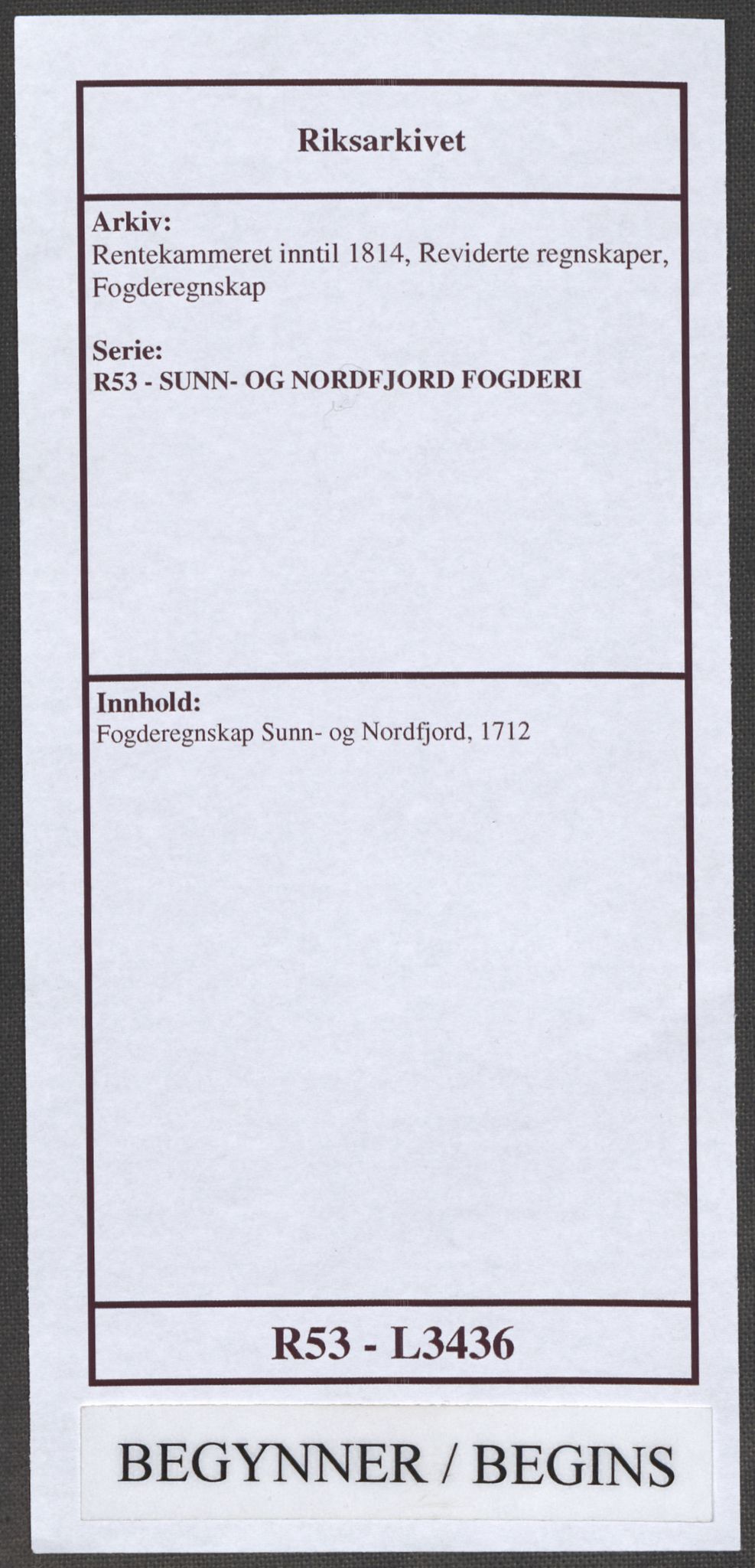 Rentekammeret inntil 1814, Reviderte regnskaper, Fogderegnskap, RA/EA-4092/R53/L3436: Fogderegnskap Sunn- og Nordfjord, 1712, p. 1
