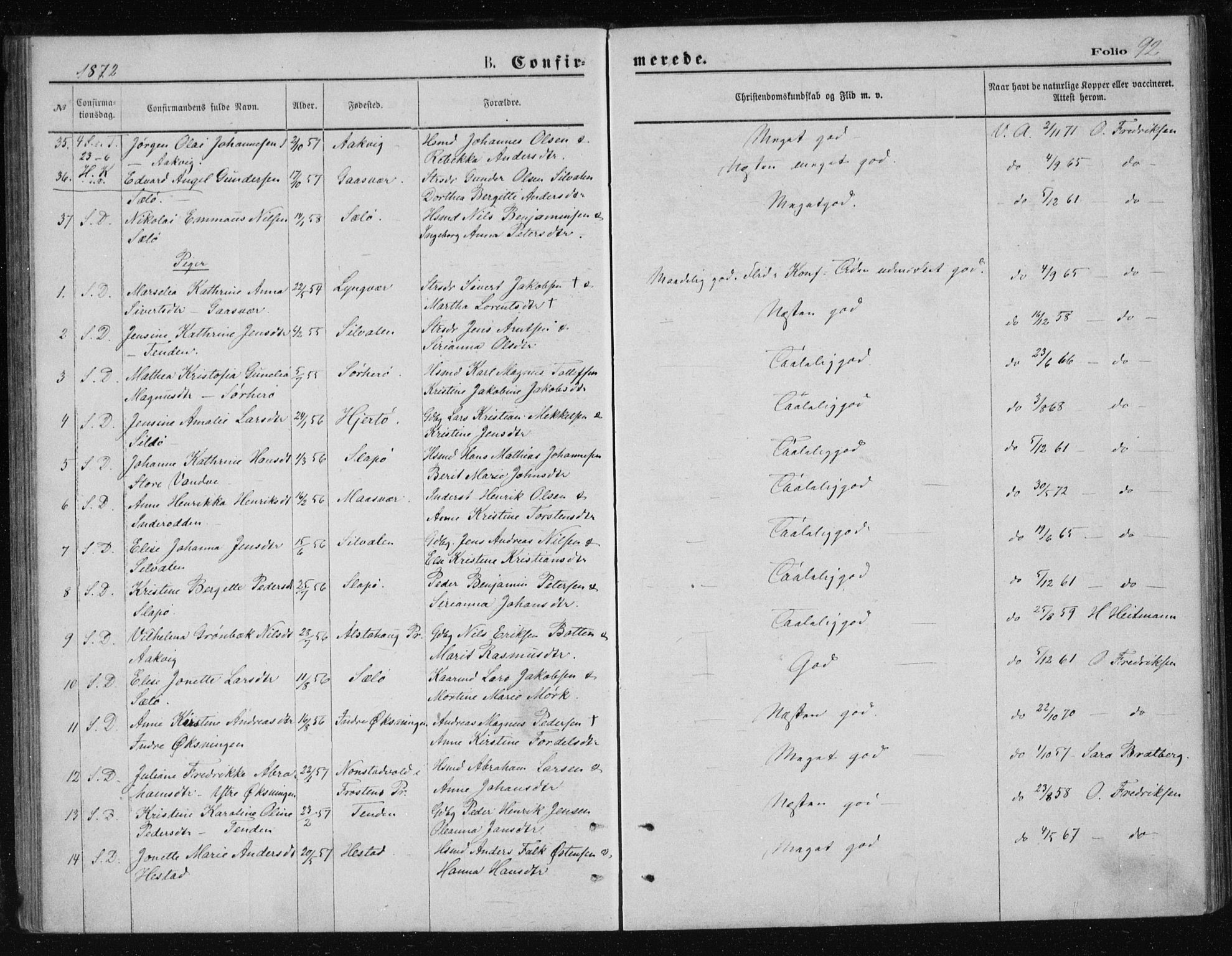 Ministerialprotokoller, klokkerbøker og fødselsregistre - Nordland, AV/SAT-A-1459/834/L0506: Parish register (official) no. 834A04, 1872-1878, p. 92