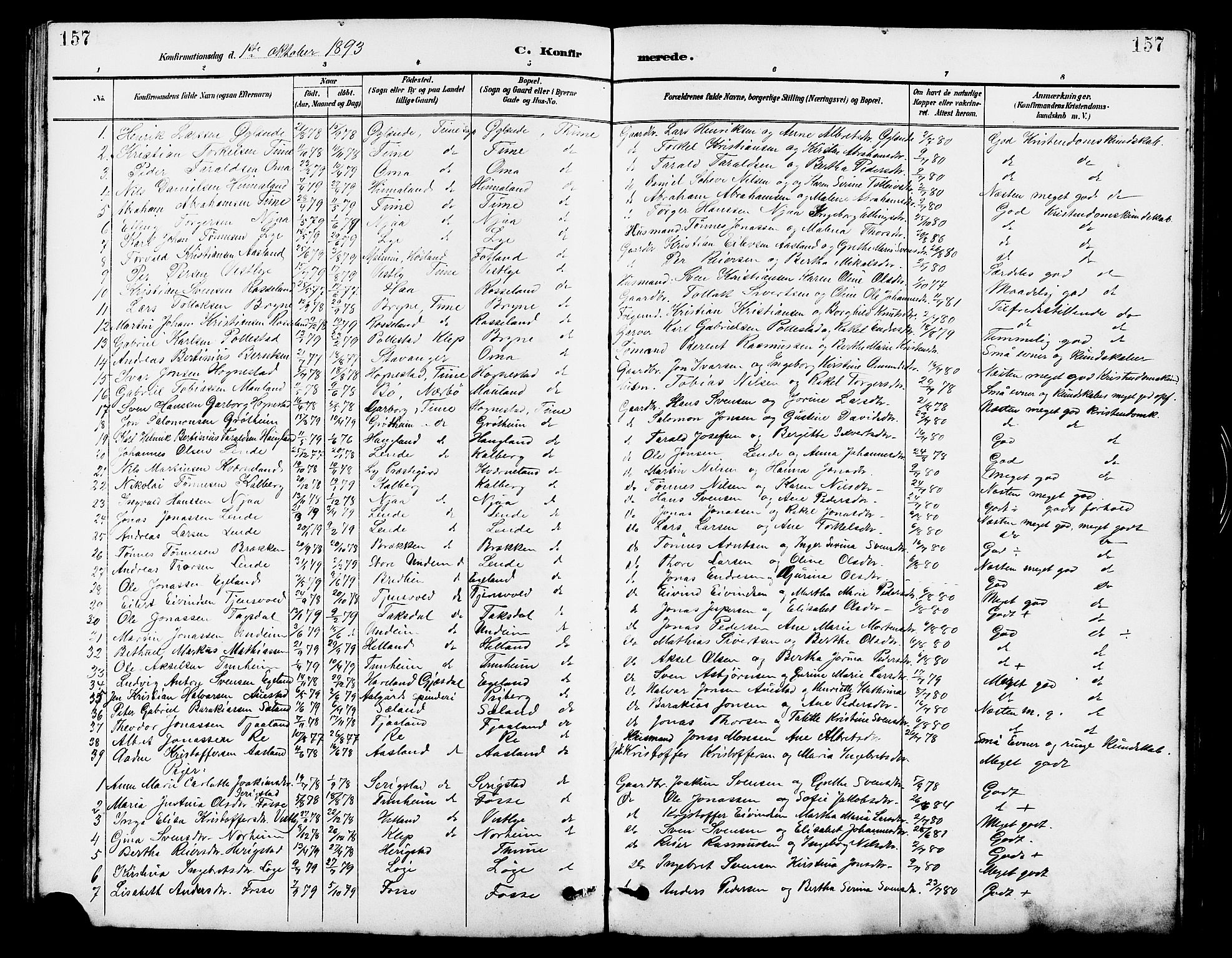 Lye sokneprestkontor, SAST/A-101794/001/30BB/L0007: Parish register (copy) no. B 8, 1889-1909, p. 157